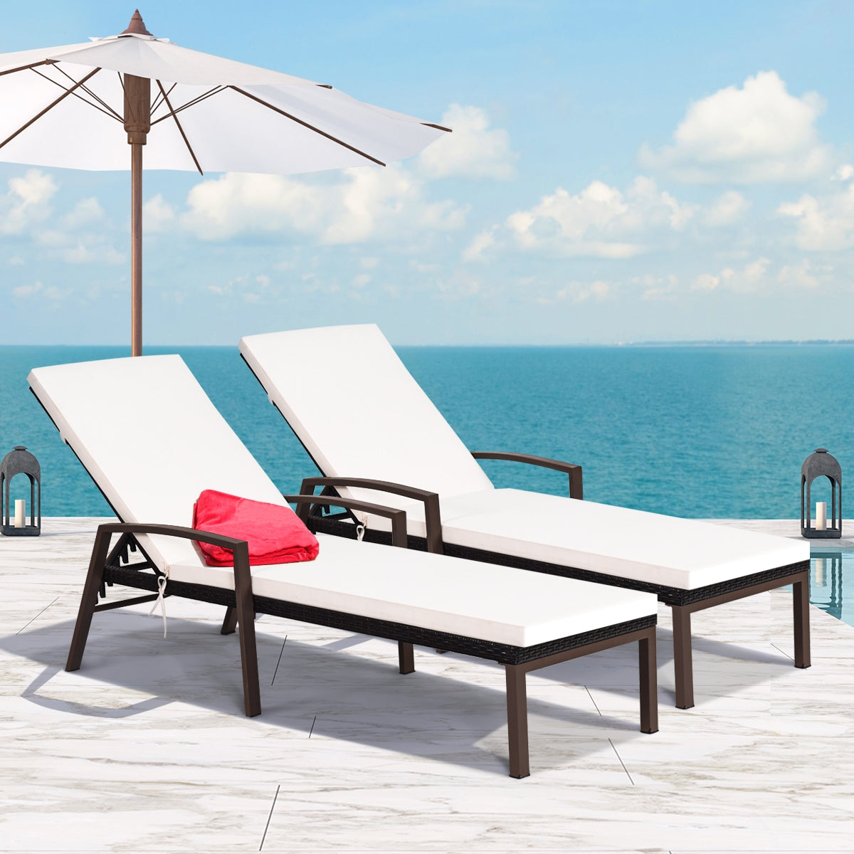 2 Pieces Patio Rattan Reclining Chaise Lounge Chair with Cushion and Armrest-Turquoise and White, Beige & Turquoise Outdoor Chaise Lounges at Gallery Canada