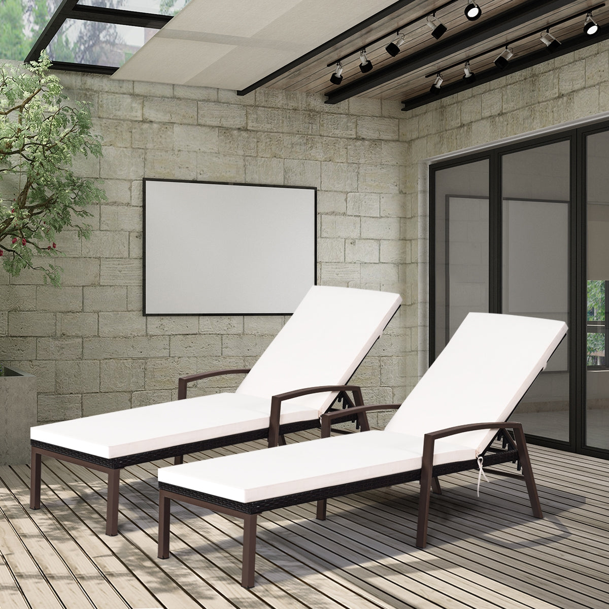 2 Pieces Patio Rattan Reclining Chaise Lounge Chair with Cushion and Armrest-Turquoise and White, Beige & Turquoise Outdoor Chaise Lounges at Gallery Canada