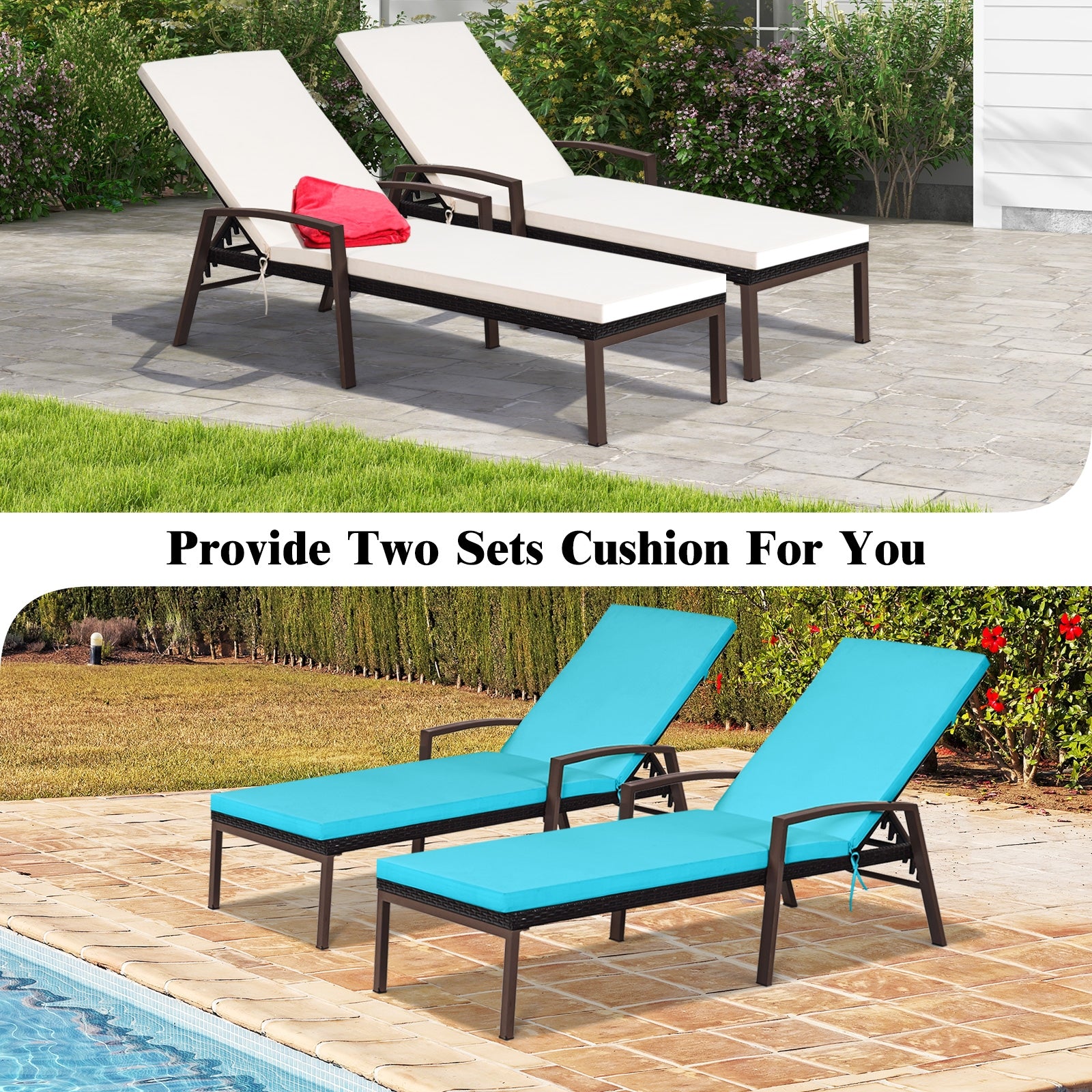 2 Pieces Patio Rattan Reclining Chaise Lounge Chair with Cushion and Armrest-Turquoise and White, Beige & Turquoise Outdoor Chaise Lounges at Gallery Canada