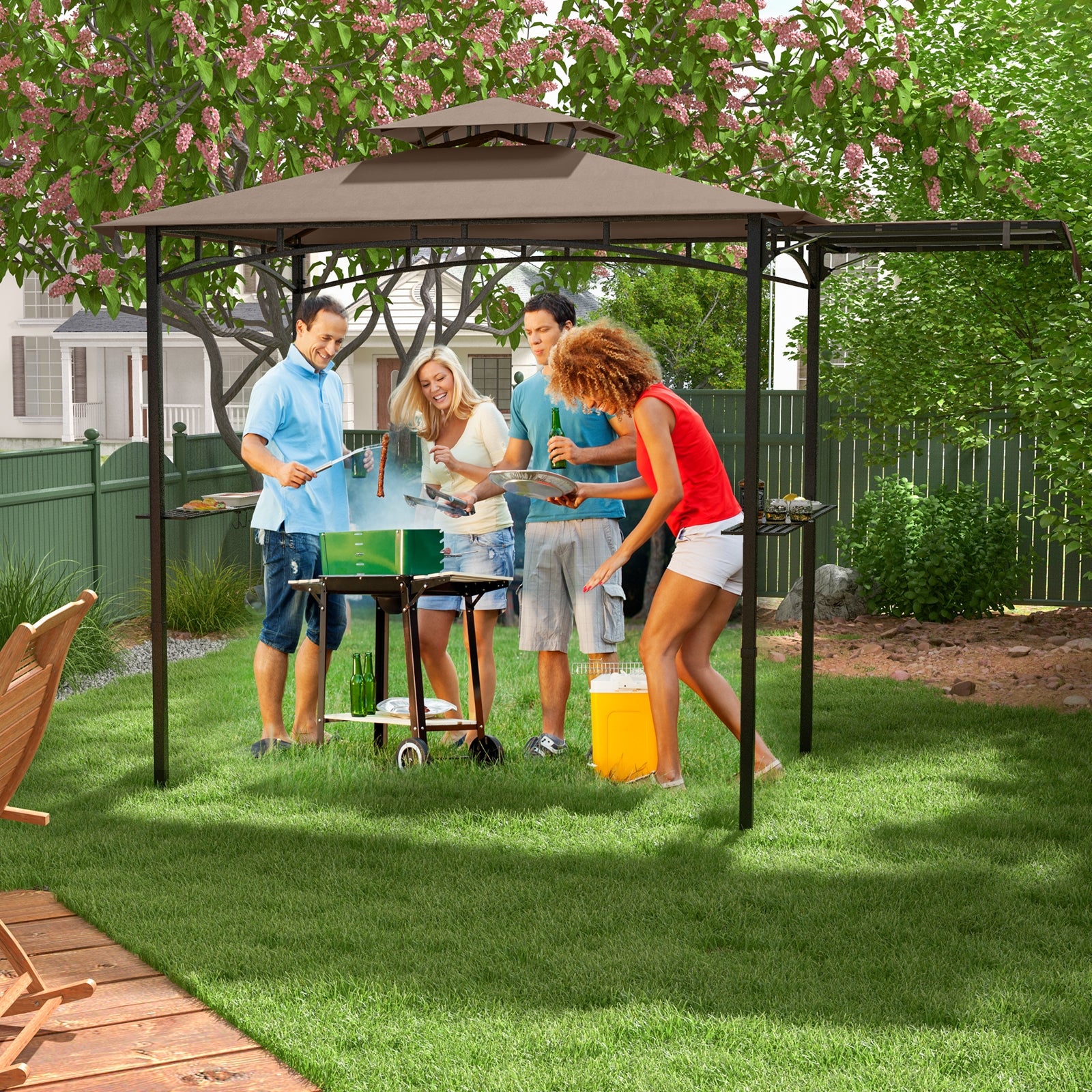 11 x 5 FT Grill Gazebo with Side Awning and Double-Tiered Top, Brown Gazebos at Gallery Canada