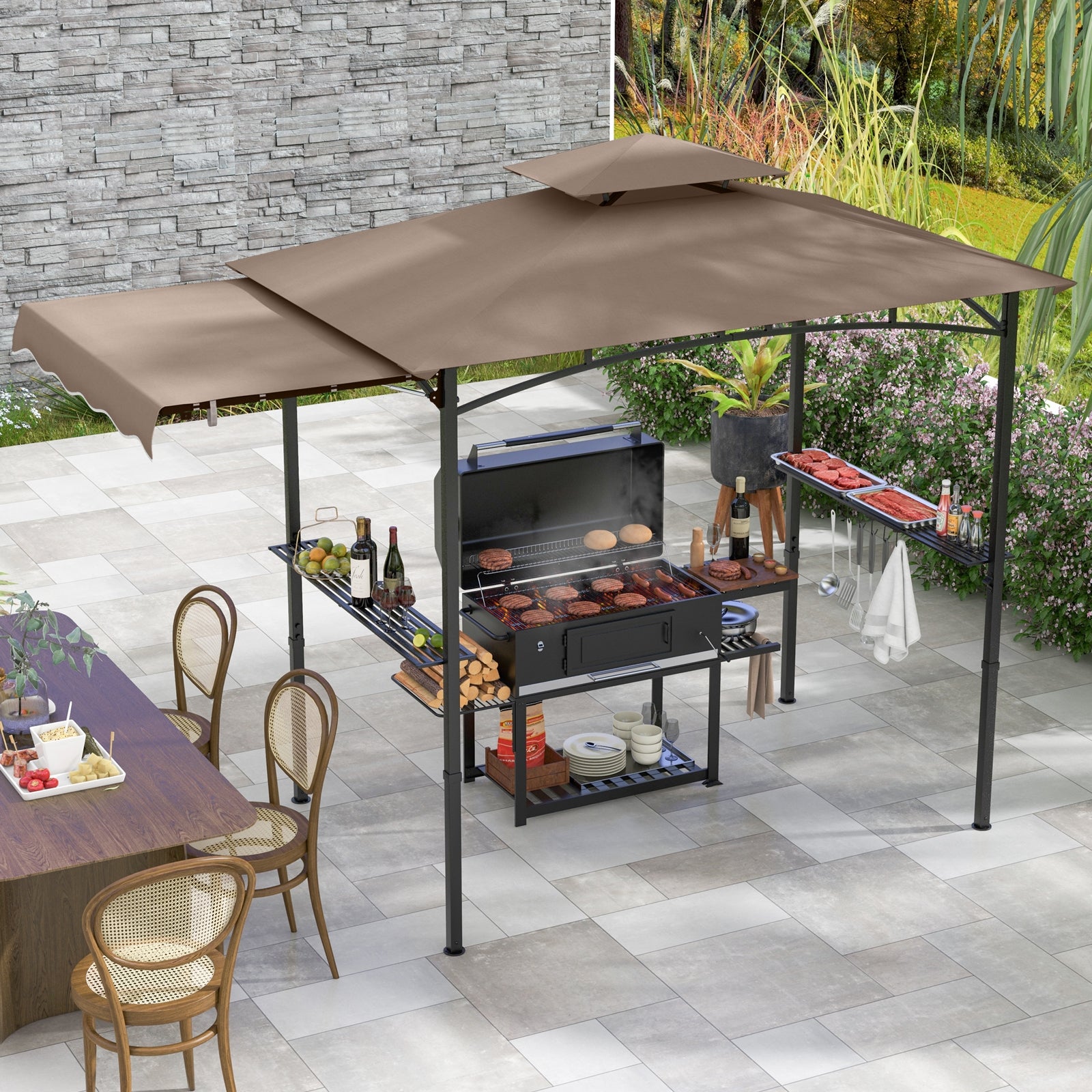 11 x 5 FT Grill Gazebo with Side Awning and Double-Tiered Top, Brown Gazebos at Gallery Canada