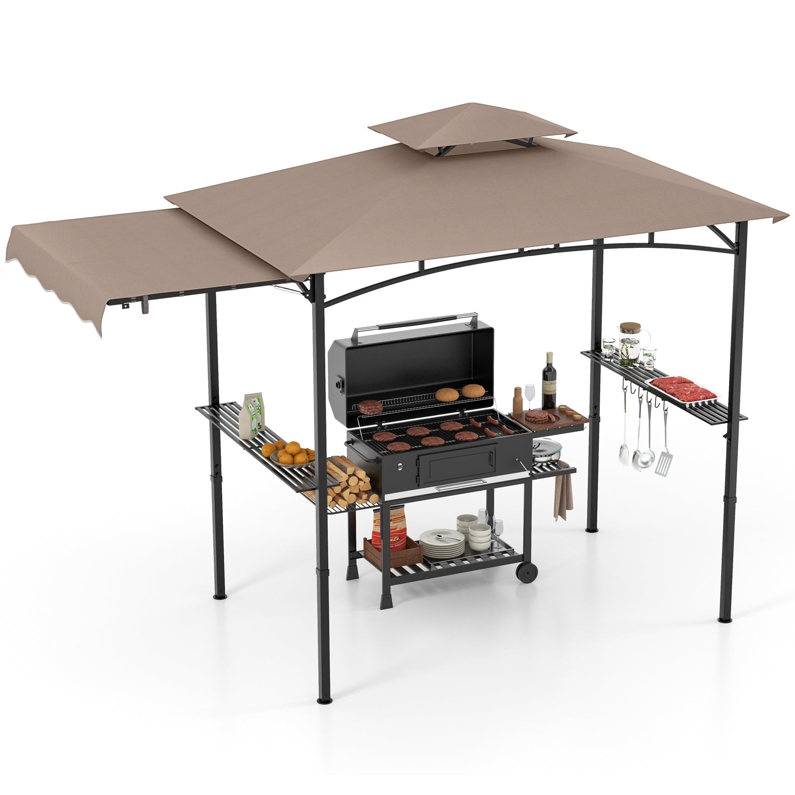 11 x 5 FT Grill Gazebo with Side Awning and Double-Tiered Top, Brown Gazebos Brown at Gallery Canada