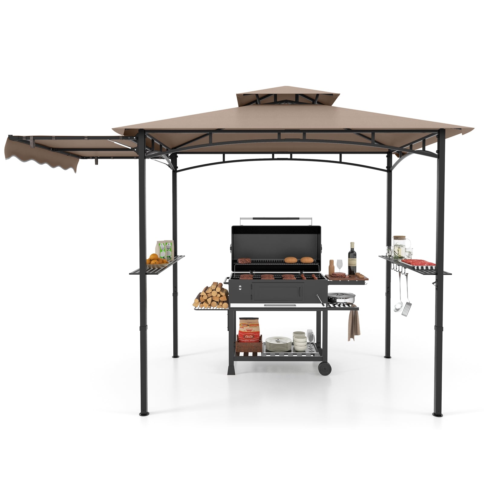 11 x 5 FT Grill Gazebo with Side Awning and Double-Tiered Top, Brown Gazebos at Gallery Canada
