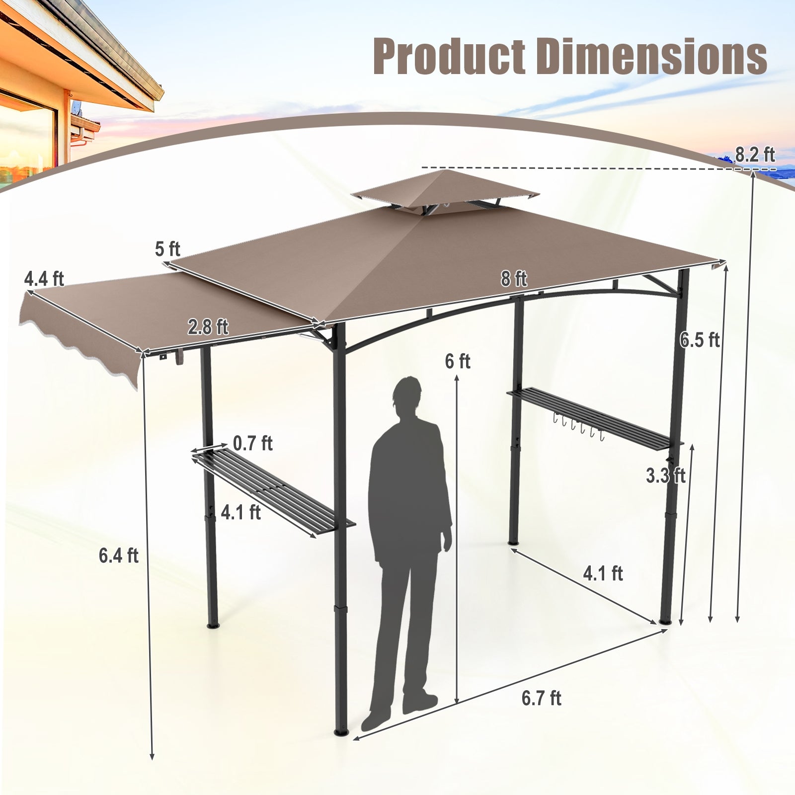 11 x 5 FT Grill Gazebo with Side Awning and Double-Tiered Top, Brown Gazebos at Gallery Canada