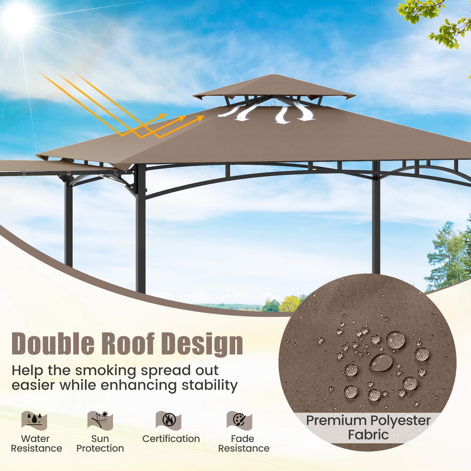 11 x 5 FT Grill Gazebo with Side Awning and Double-Tiered Top, Brown Gazebos at Gallery Canada