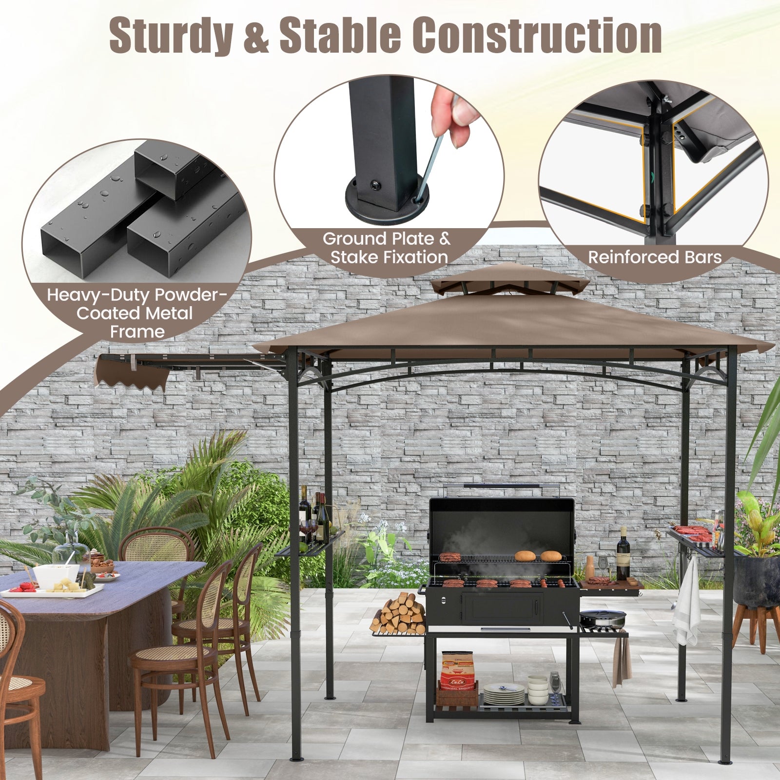 11 x 5 FT Grill Gazebo with Side Awning and Double-Tiered Top, Brown Gazebos at Gallery Canada
