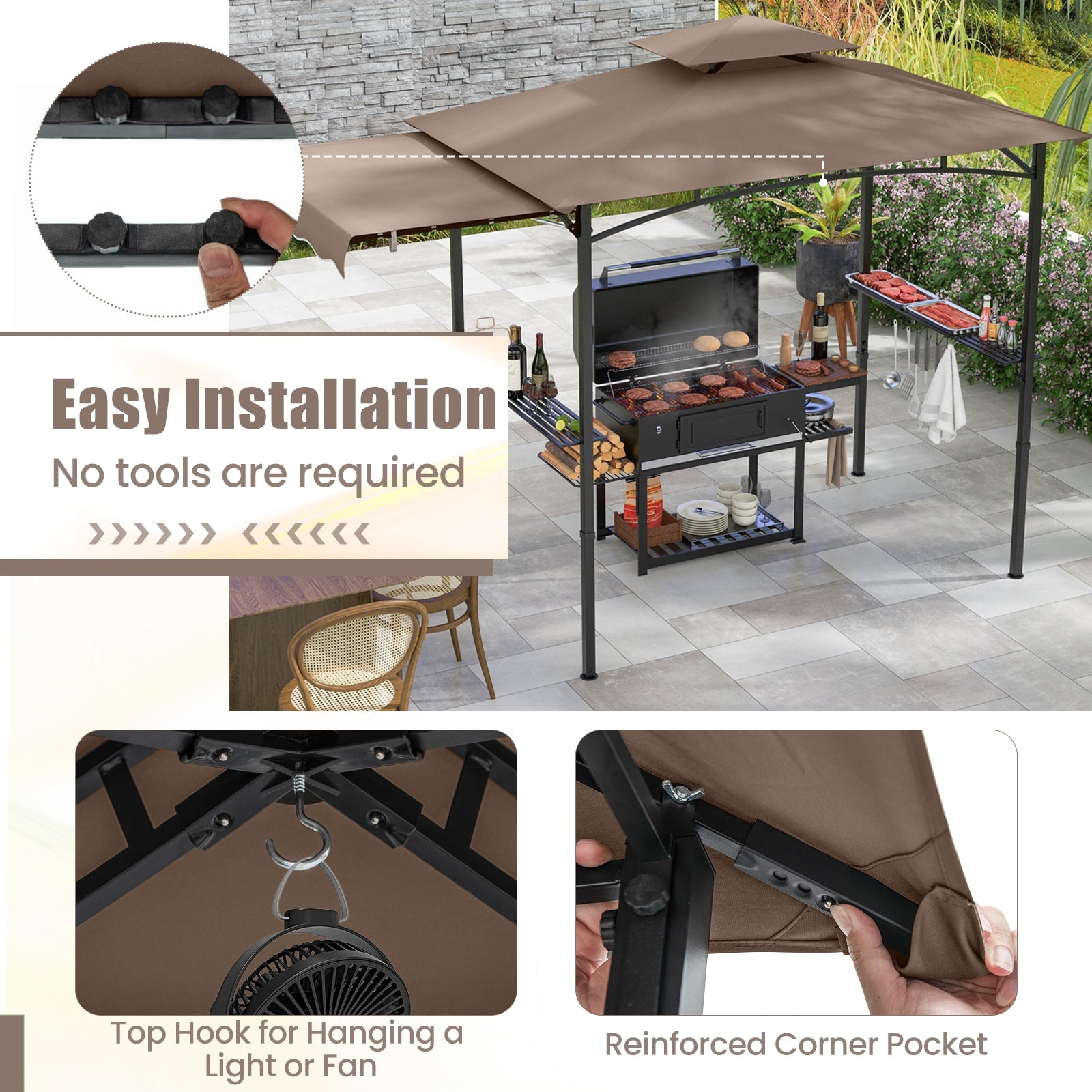 11 x 5 FT Grill Gazebo with Side Awning and Double-Tiered Top, Brown Gazebos at Gallery Canada