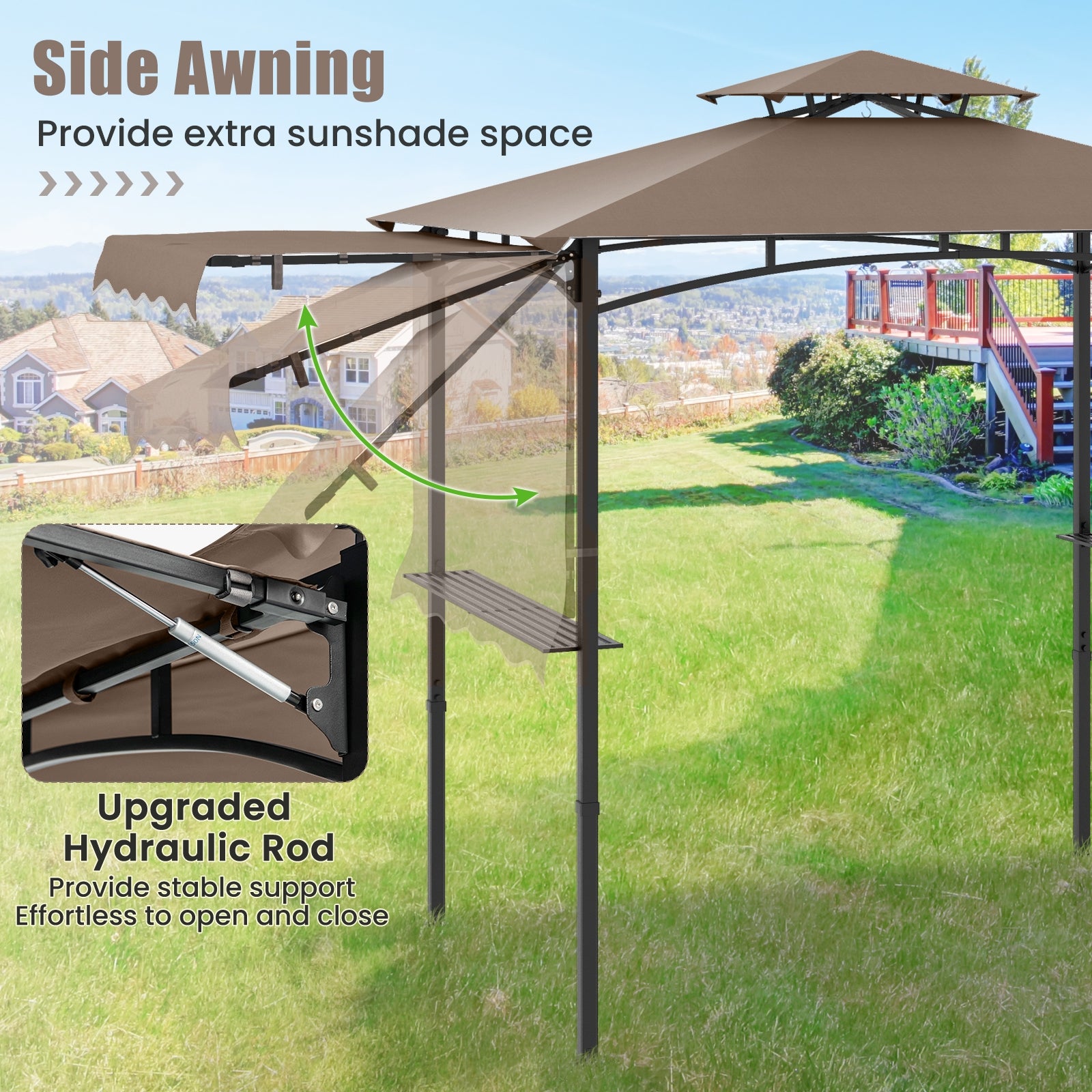 11 x 5 FT Grill Gazebo with Side Awning and Double-Tiered Top, Brown Gazebos at Gallery Canada