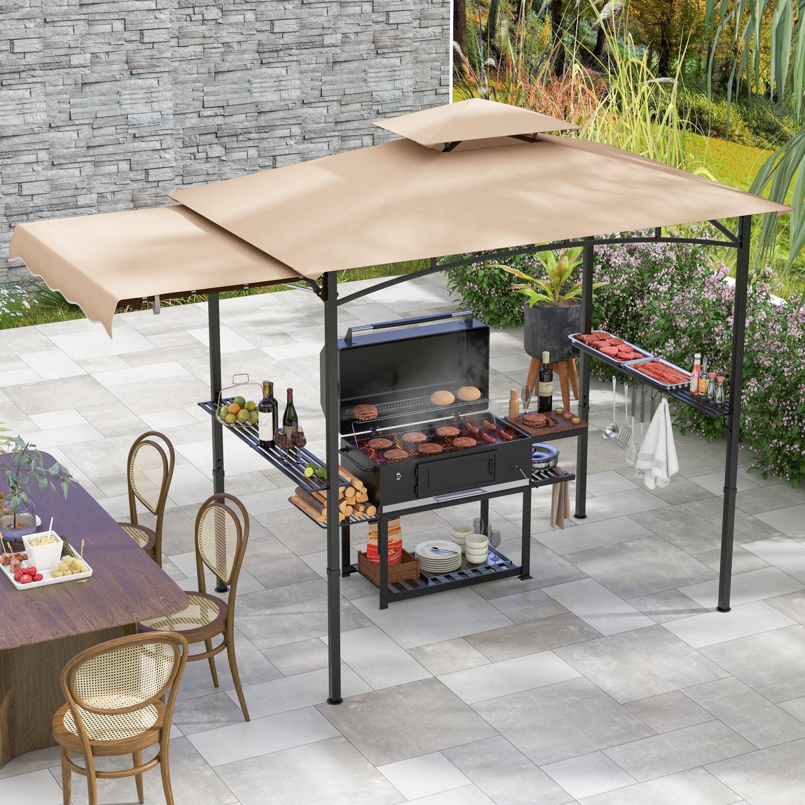 11 x 5 FT Grill Gazebo with Side Awning and Double-Tiered Top, Beige Gazebos at Gallery Canada