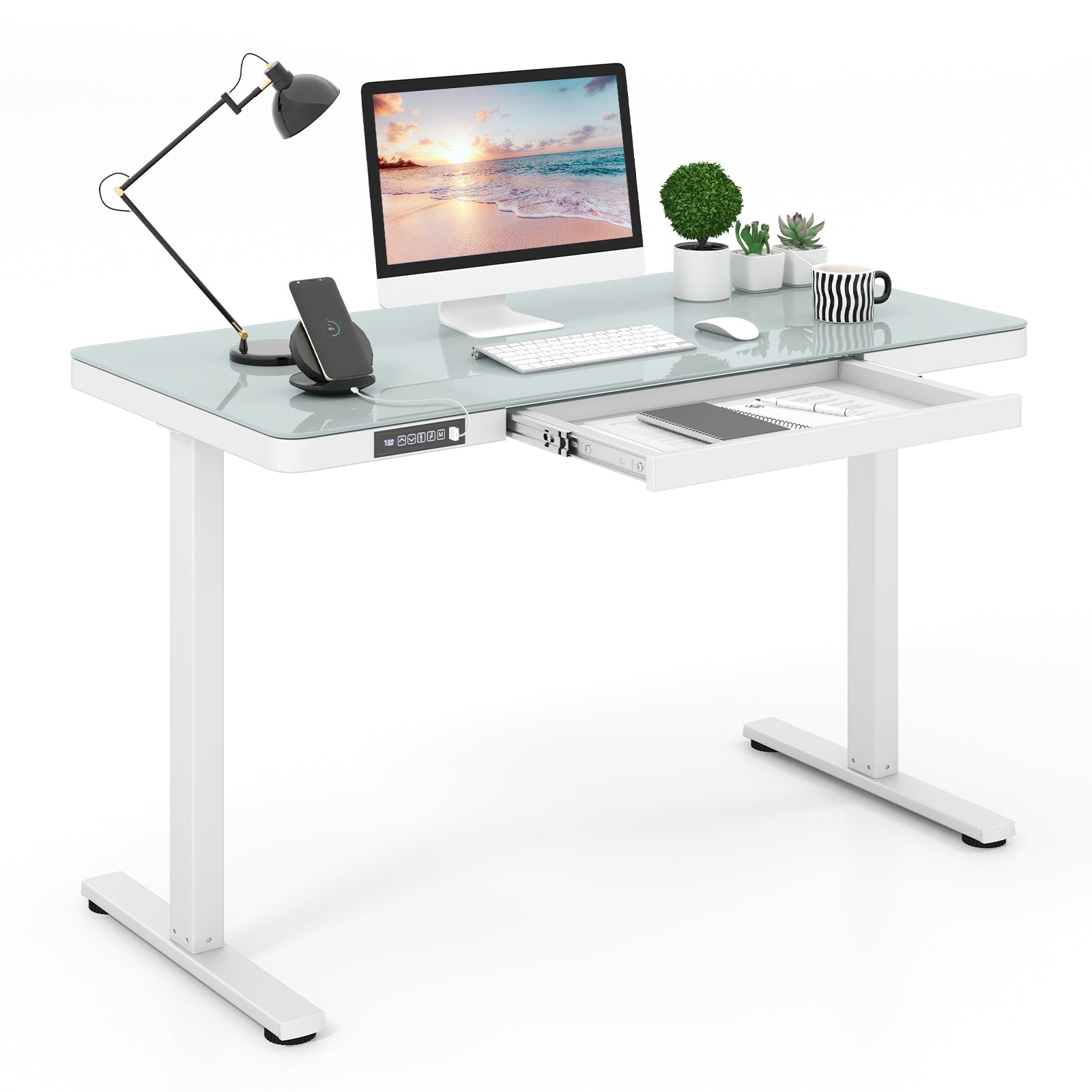 48-Inch Height Adjustable Electric Standing Desk with Drawer, White Standing Desks White  at Gallery Canada