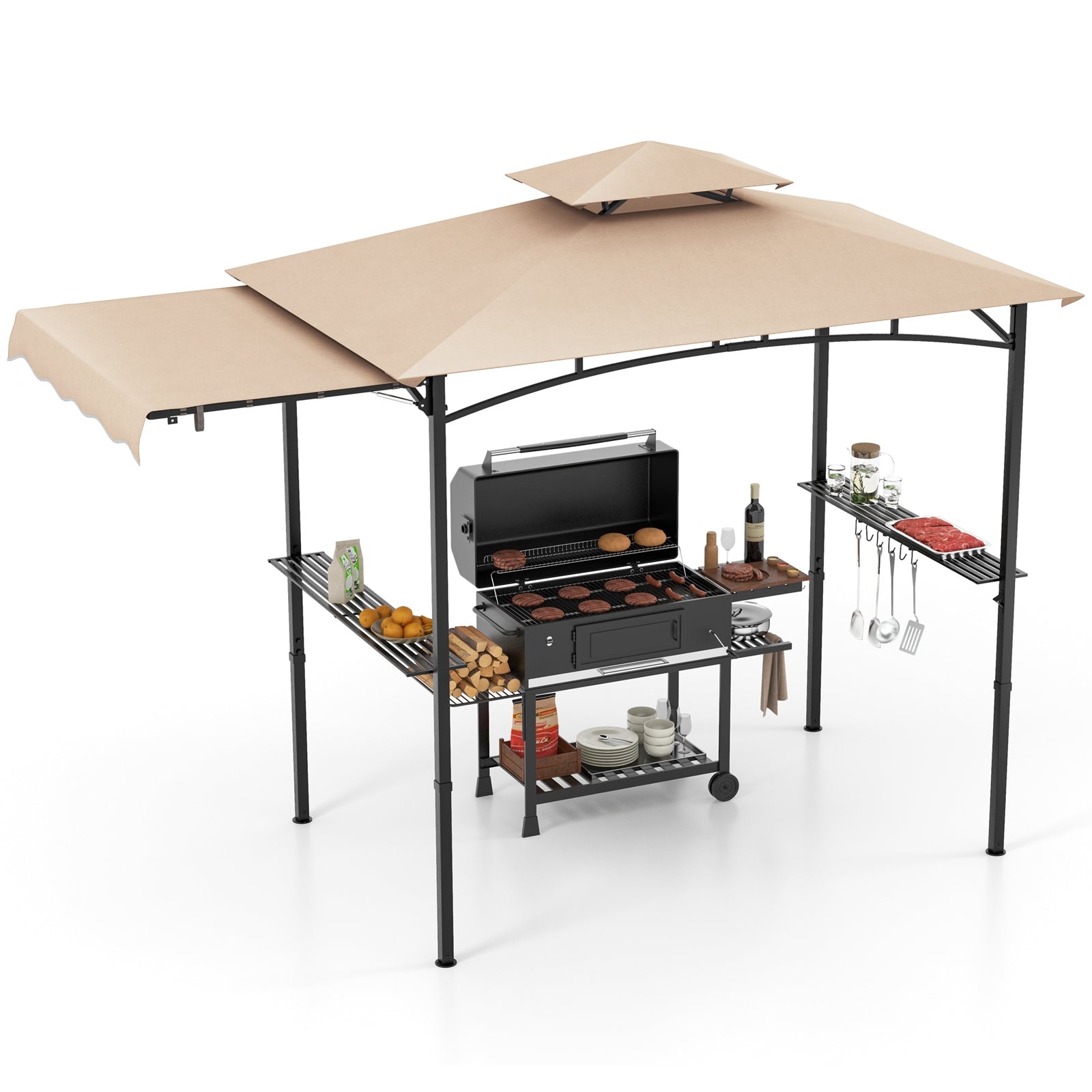 11 x 5 FT Grill Gazebo with Side Awning and Double-Tiered Top, Beige Gazebos Beige at Gallery Canada