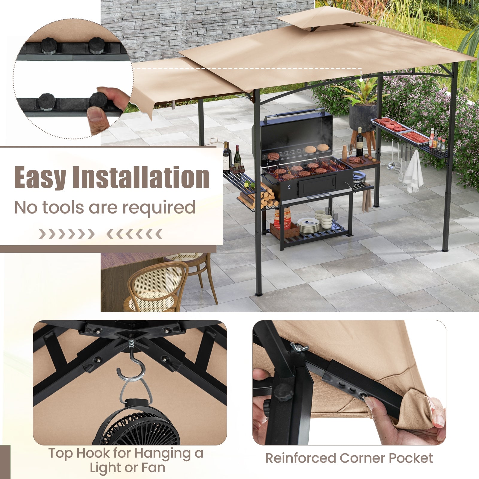 11 x 5 FT Grill Gazebo with Side Awning and Double-Tiered Top, Beige Gazebos at Gallery Canada