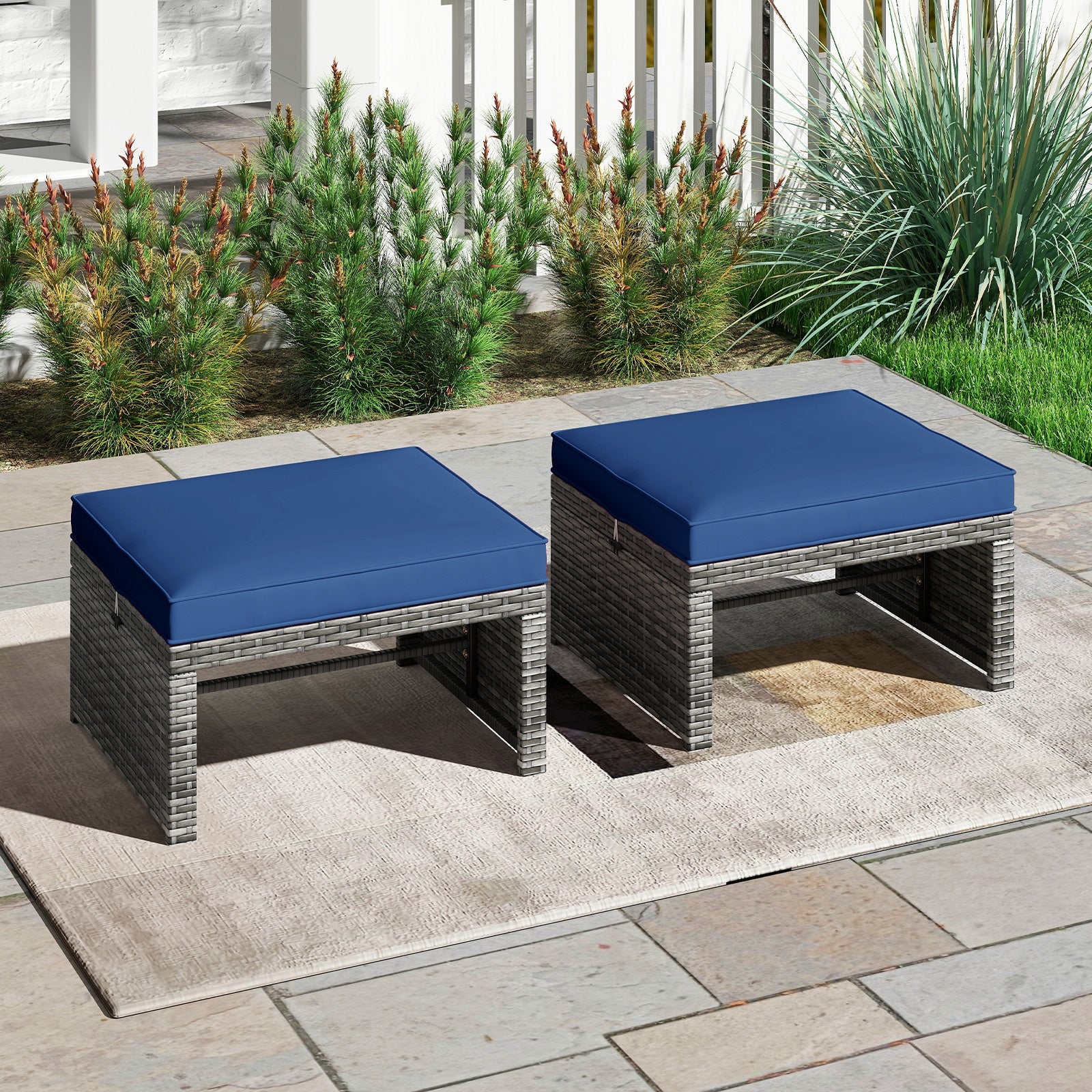 2 Pieces Patio PE Rattan Ottomans with Soft Zippered Cushions for Deck, Navy Outdoor Seating & Patio Chairs at Gallery Canada