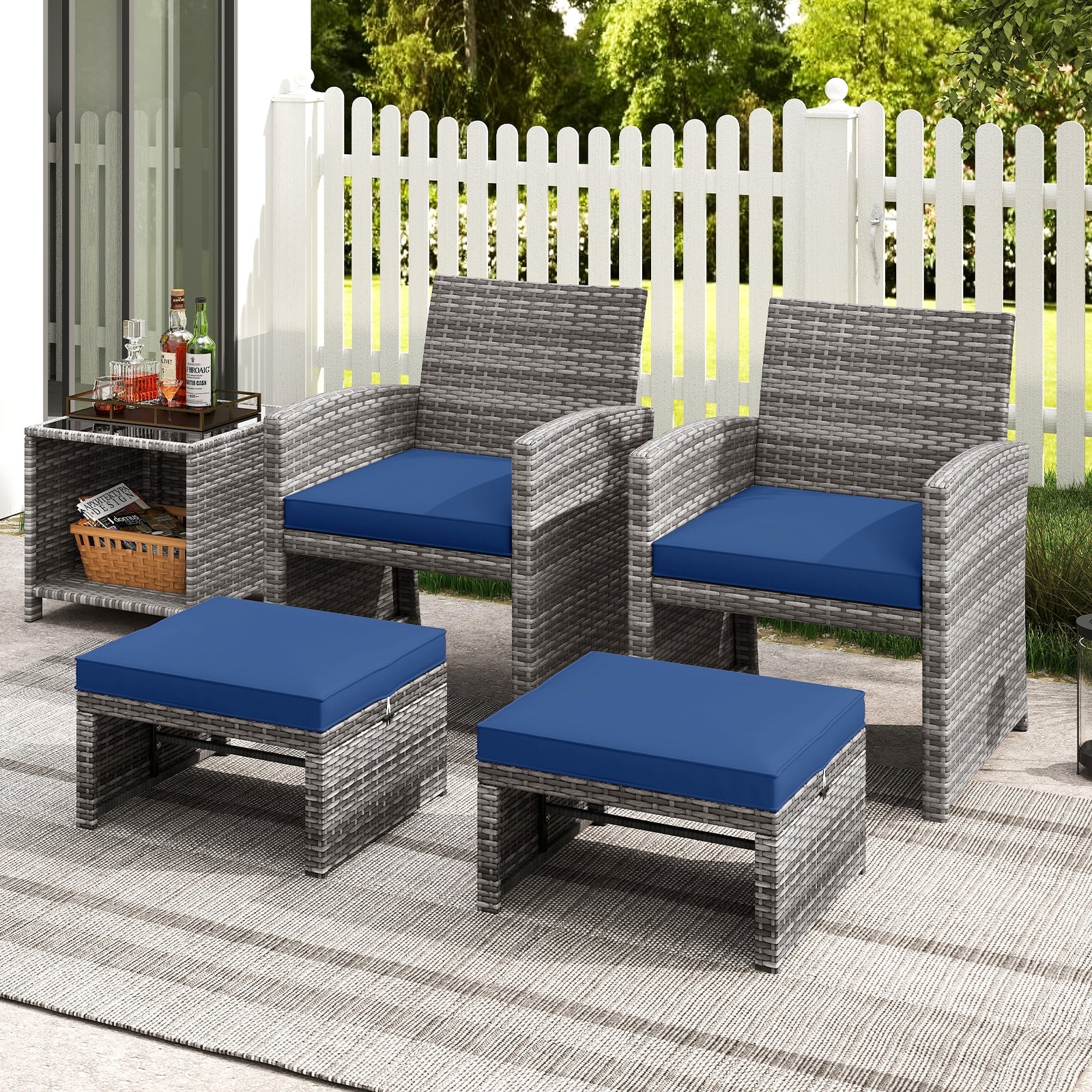 2 Pieces Patio PE Rattan Ottomans with Soft Zippered Cushions for Deck, Navy Outdoor Seating & Patio Chairs at Gallery Canada