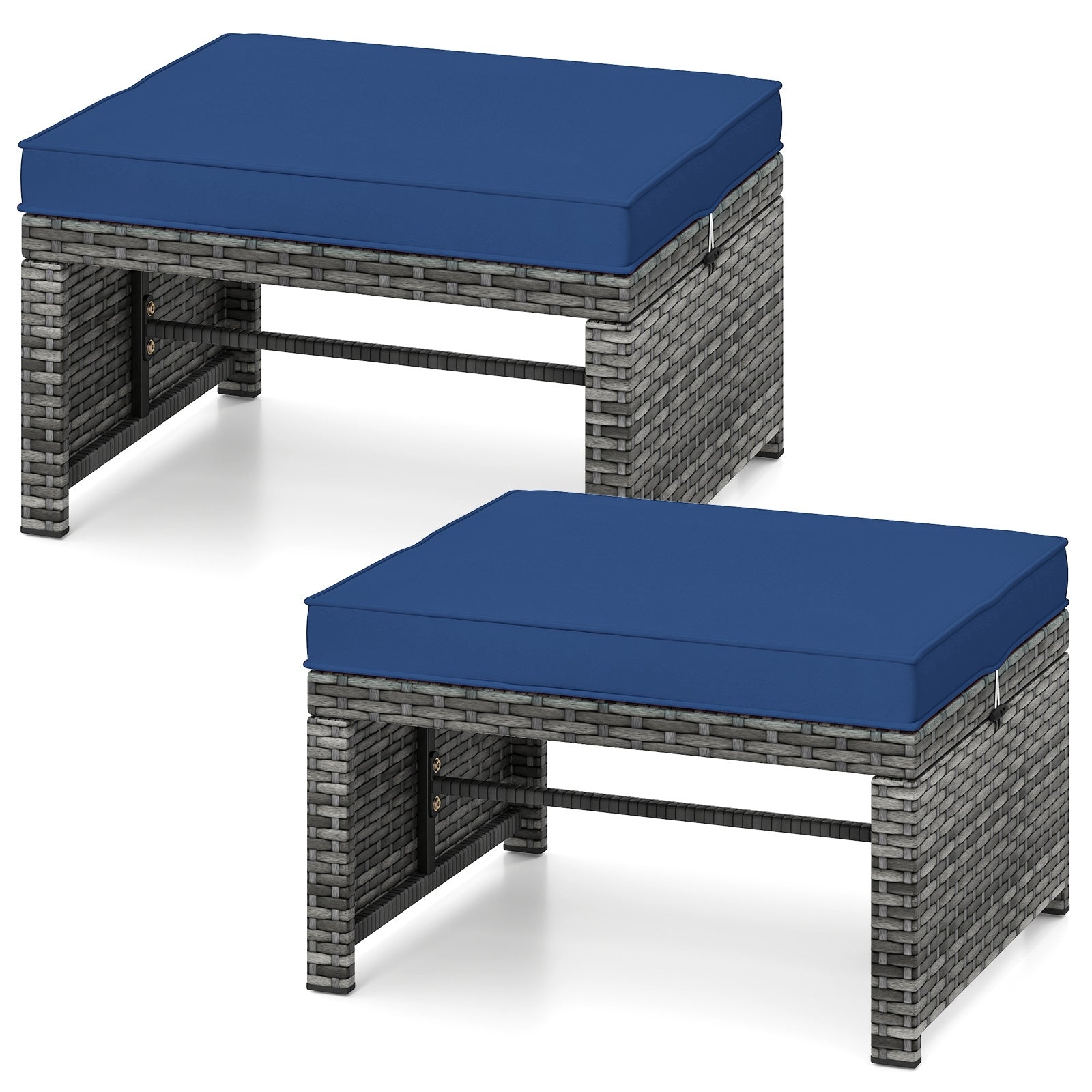 2 Pieces Patio PE Rattan Ottomans with Soft Zippered Cushions for Deck, Navy Outdoor Seating & Patio Chairs Navy at Gallery Canada