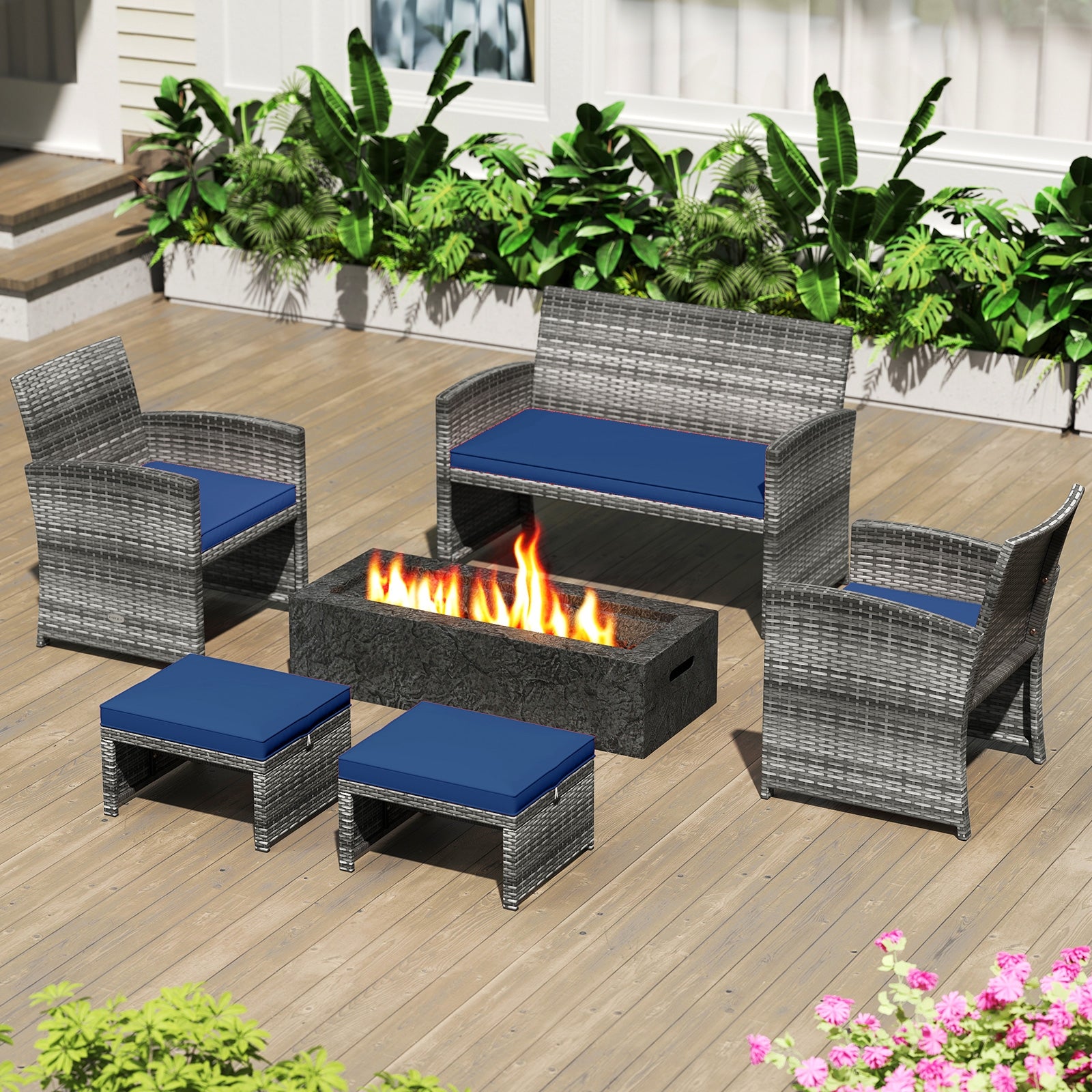 2 Pieces Patio PE Rattan Ottomans with Soft Zippered Cushions for Deck, Navy Outdoor Seating & Patio Chairs at Gallery Canada