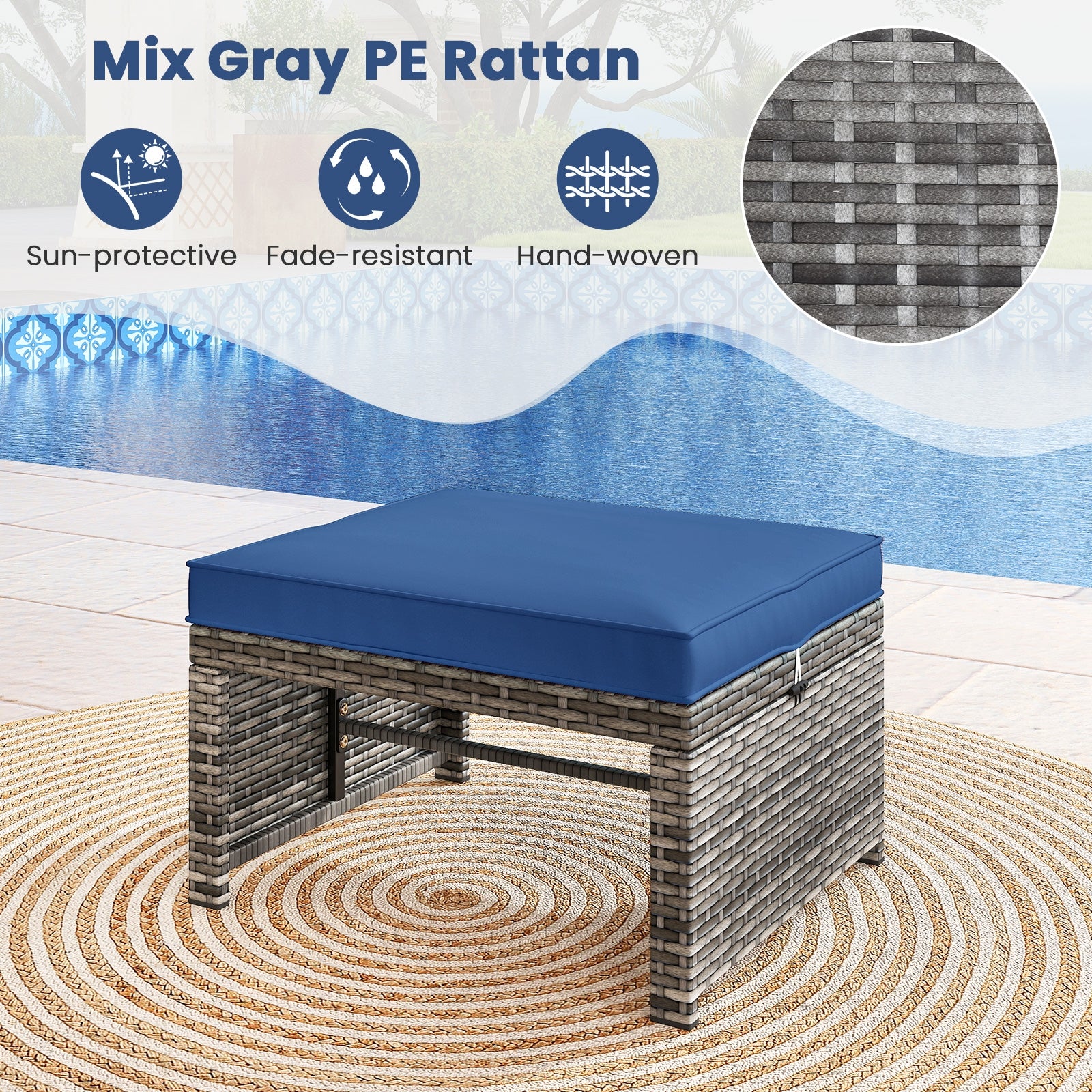 2 Pieces Patio PE Rattan Ottomans with Soft Zippered Cushions for Deck, Navy Outdoor Seating & Patio Chairs at Gallery Canada