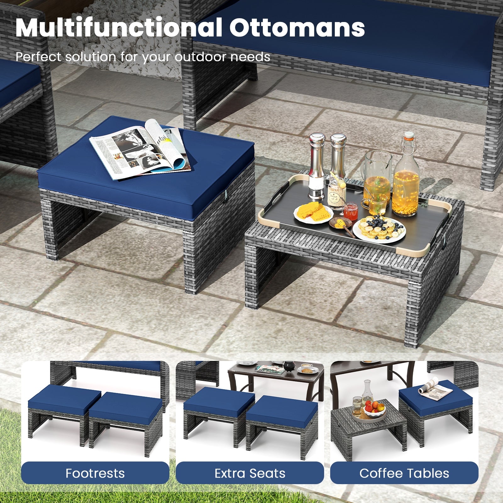2 Pieces Patio PE Rattan Ottomans with Soft Zippered Cushions for Deck, Navy Outdoor Seating & Patio Chairs at Gallery Canada