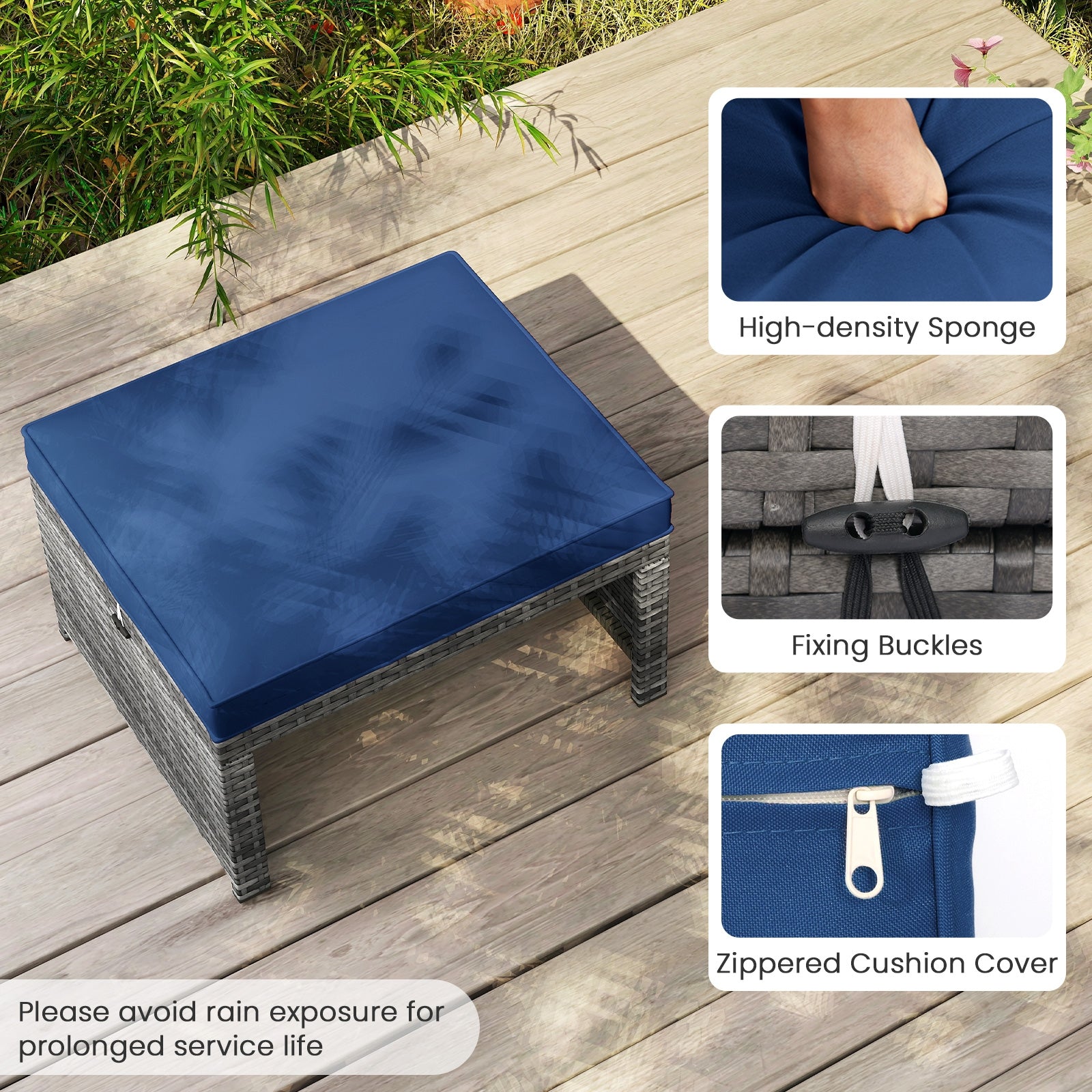 2 Pieces Patio PE Rattan Ottomans with Soft Zippered Cushions for Deck, Navy Outdoor Seating & Patio Chairs at Gallery Canada