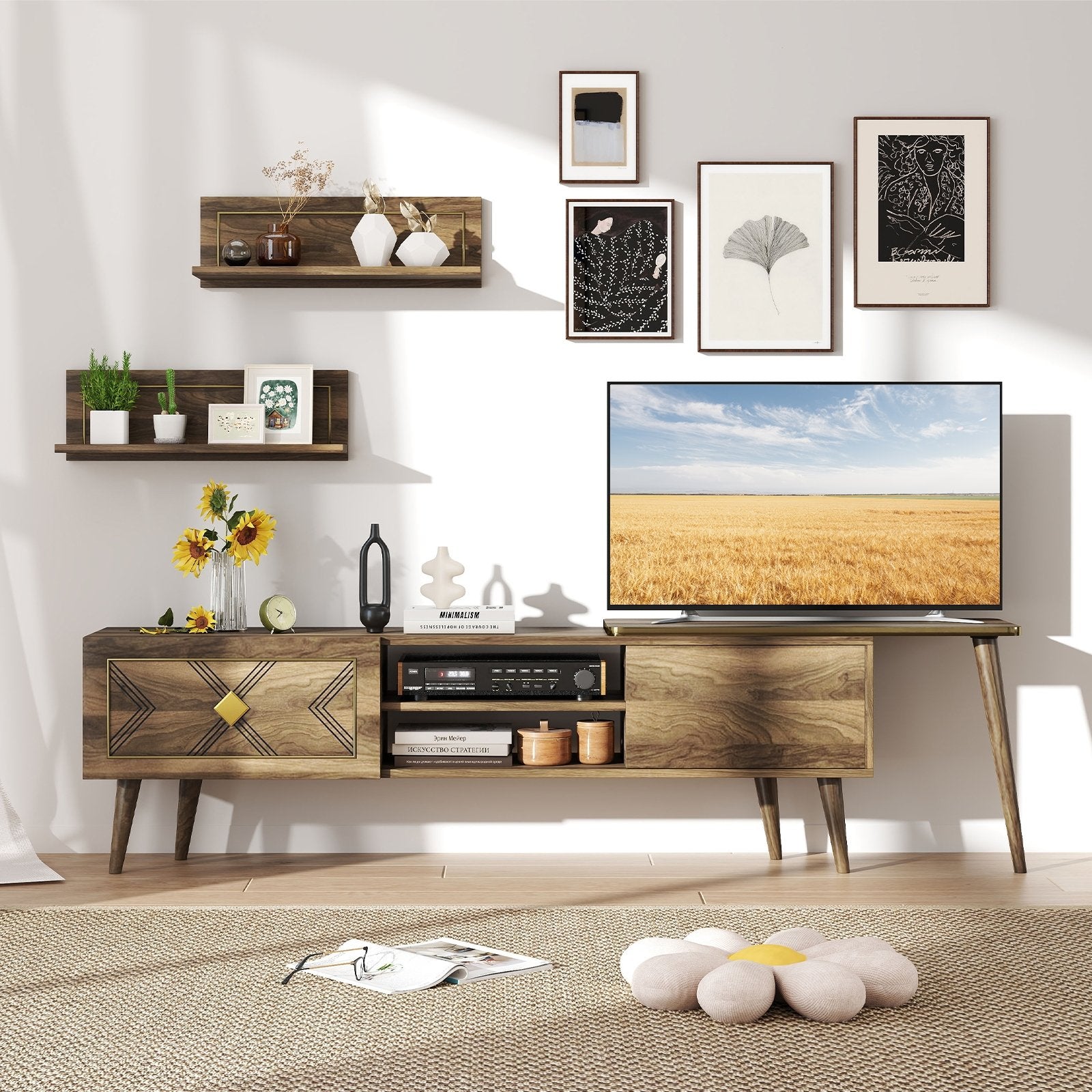 Mid-century Modern TV Stand for TVs up to 85 Inch with Open Compartments, Walnut Entertainment Centers & TV Stands at Gallery Canada