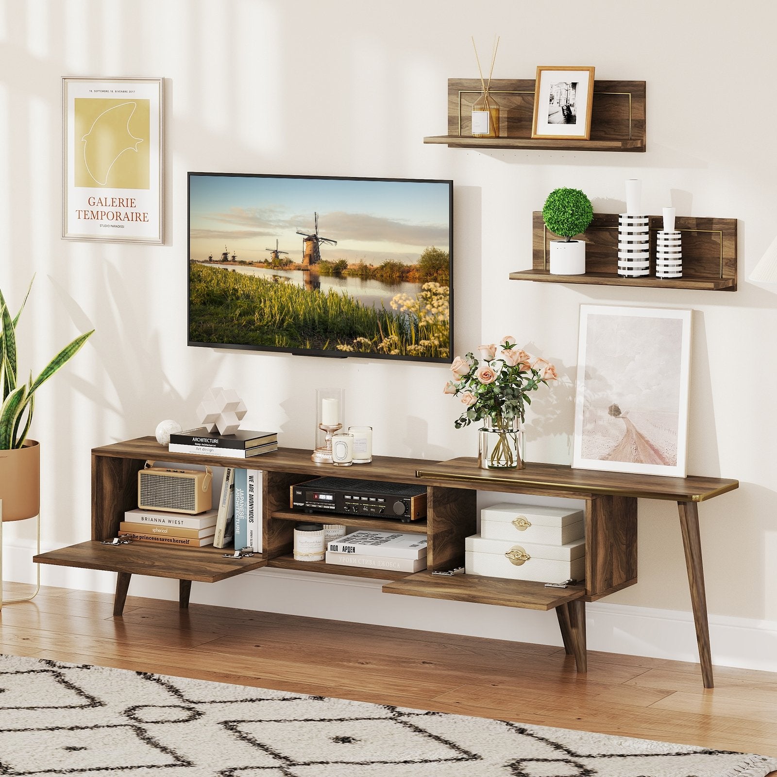 Mid-century Modern TV Stand for TVs up to 85 Inch with Open Compartments, Walnut Entertainment Centers & TV Stands at Gallery Canada