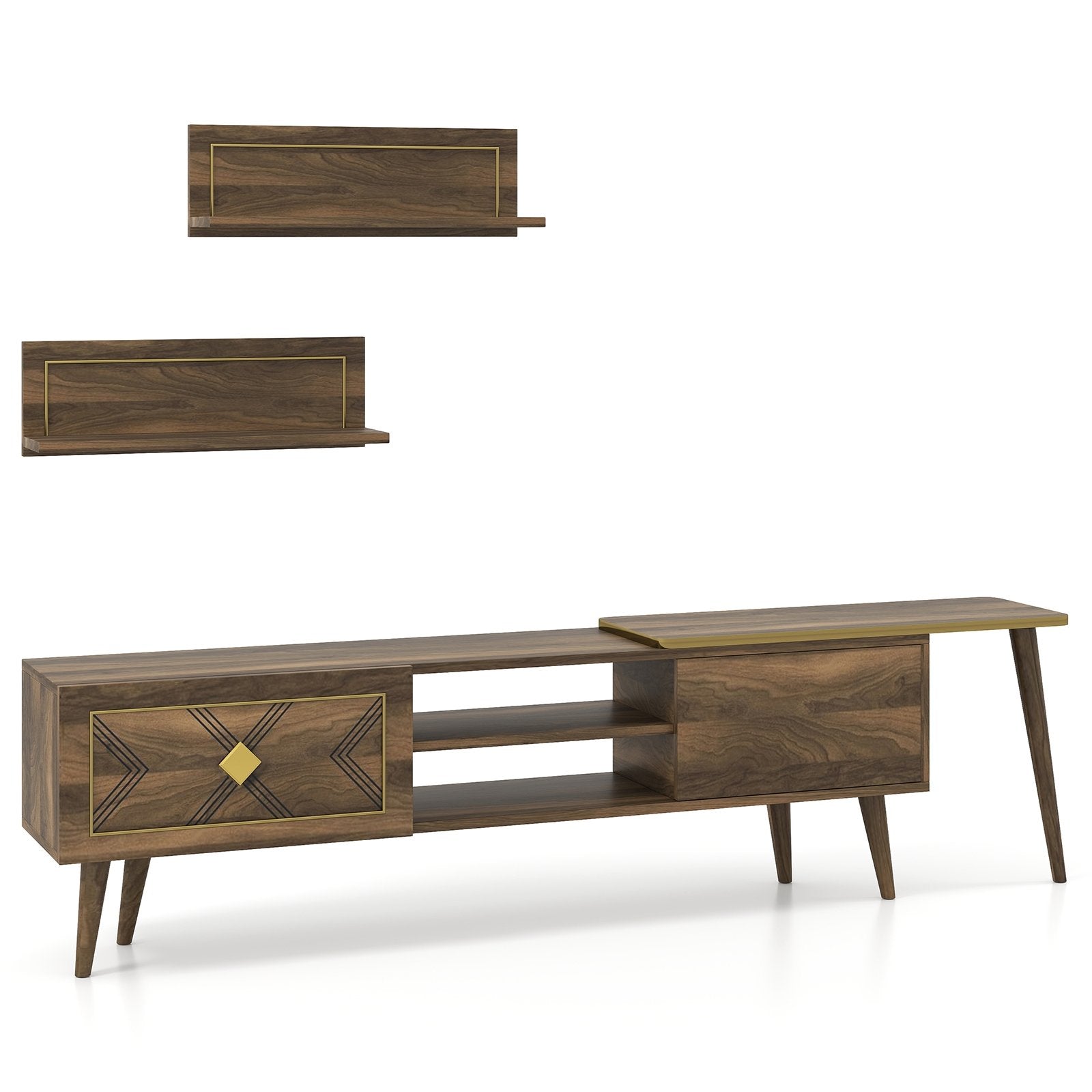 Mid-century Modern TV Stand for TVs up to 85 Inch with Open Compartments, Walnut Entertainment Centers & TV Stands Walnut at Gallery Canada