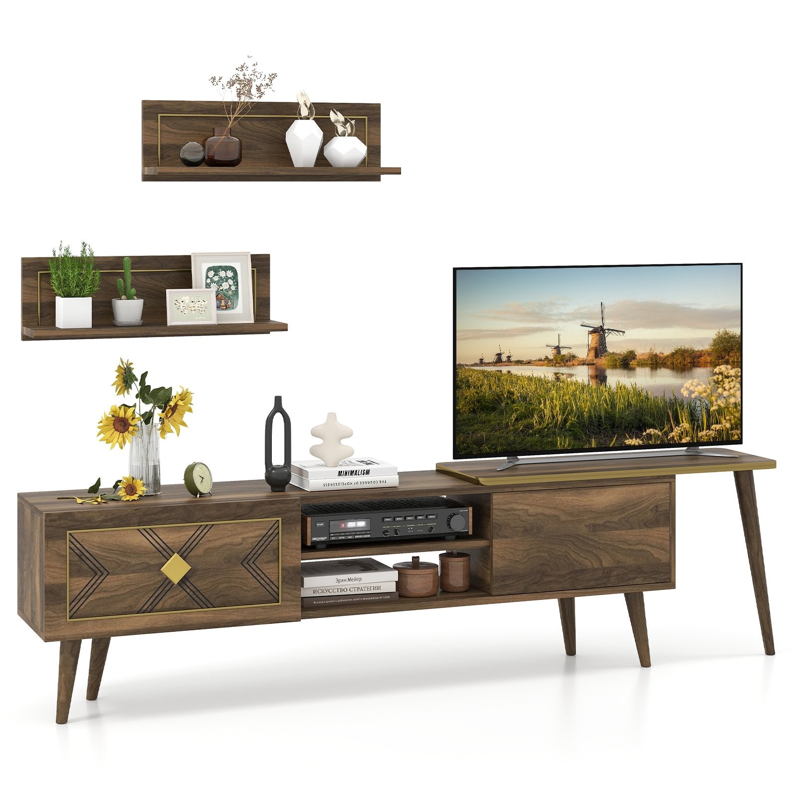 Mid-century Modern TV Stand for TVs up to 85 Inch with Open Compartments, Walnut Entertainment Centers & TV Stands at Gallery Canada