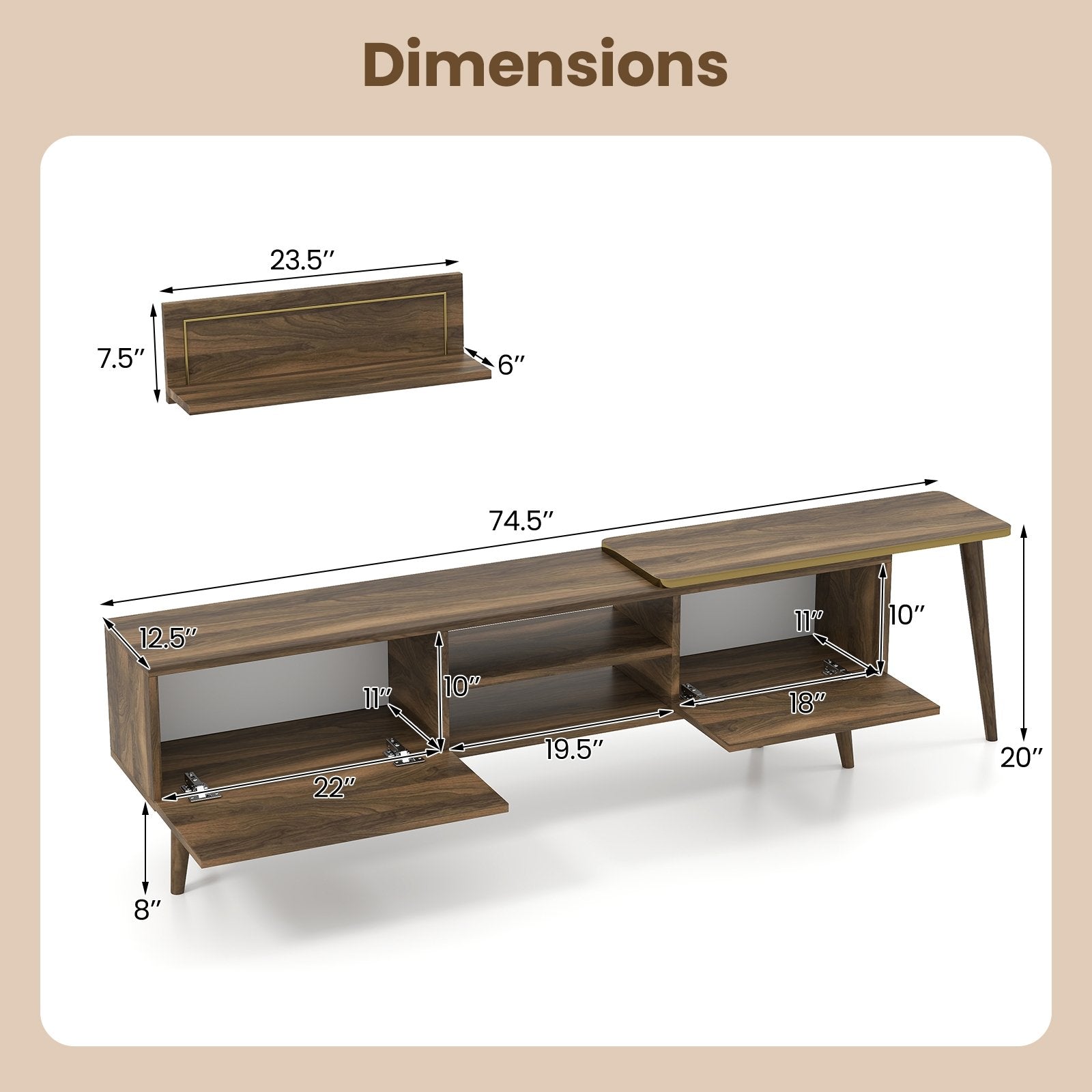Mid-century Modern TV Stand for TVs up to 85 Inch with Open Compartments, Walnut Entertainment Centers & TV Stands at Gallery Canada