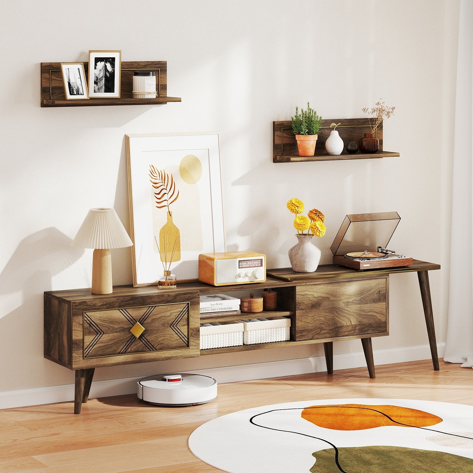 Mid-century Modern TV Stand for TVs up to 85 Inch with Open Compartments, Walnut Entertainment Centers & TV Stands at Gallery Canada