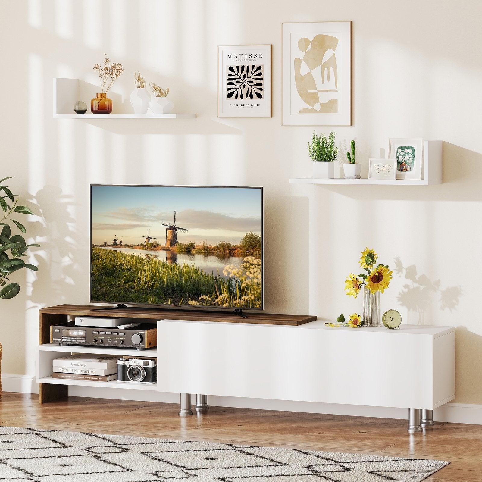 3 Pieces Farmhouse TV Stand for TVs up to 80 Inch with Cabinet and Compartments, White Entertainment Centers & TV Stands at Gallery Canada