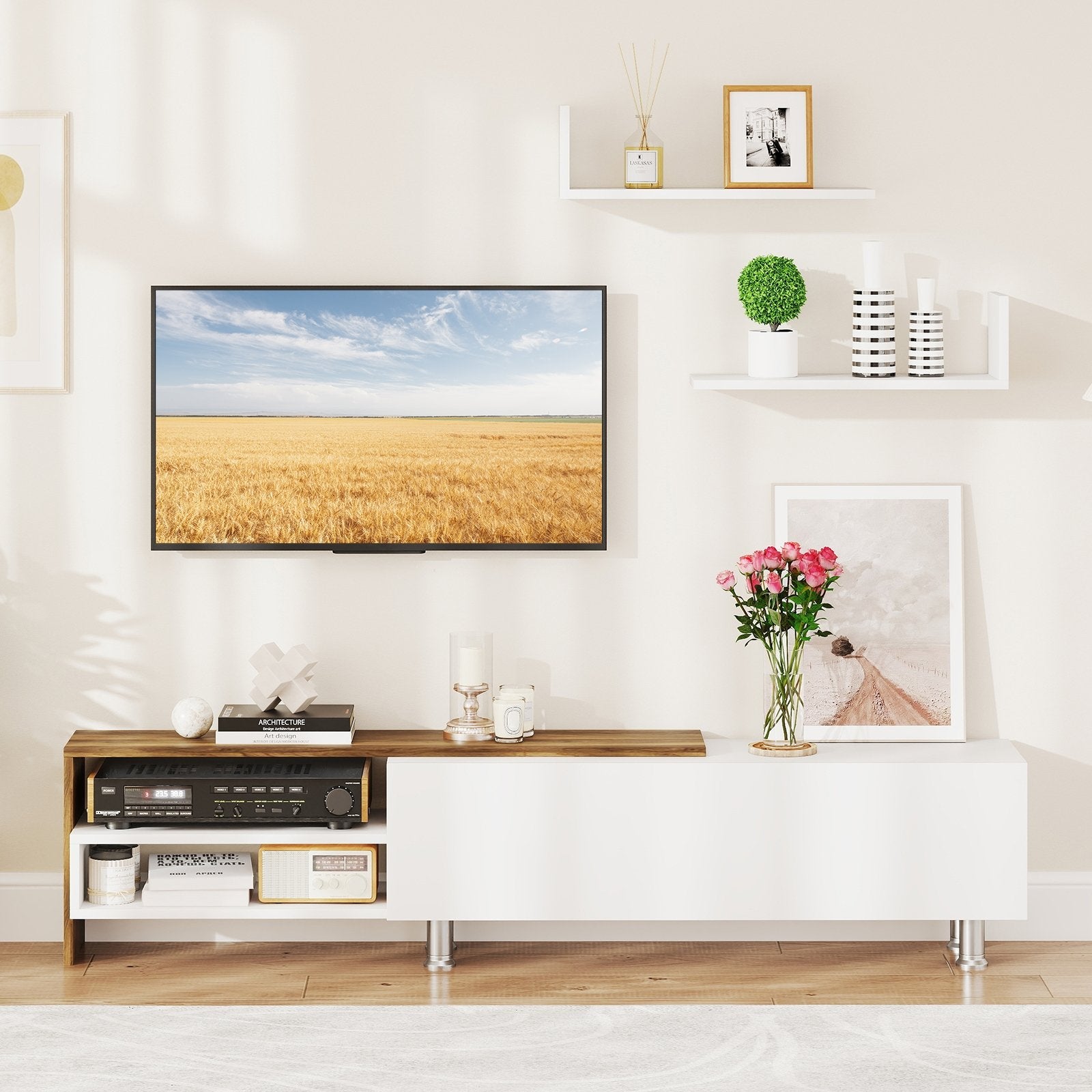 3 Pieces Farmhouse TV Stand for TVs up to 80 Inch with Cabinet and Compartments, White Entertainment Centers & TV Stands at Gallery Canada