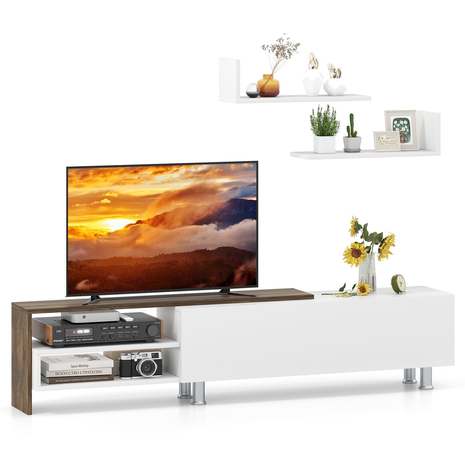 3 Pieces Farmhouse TV Stand for TVs up to 80 Inch with Cabinet and Compartments, White Entertainment Centers & TV Stands at Gallery Canada