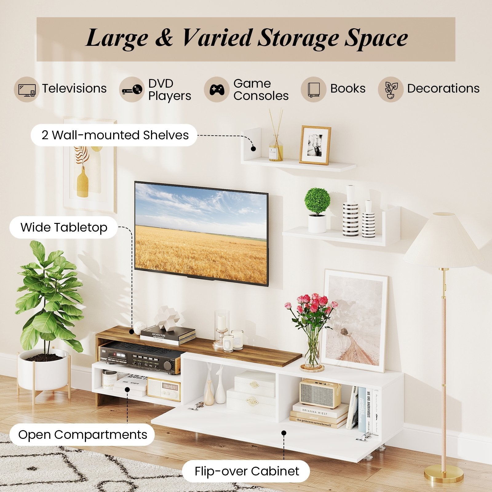 3 Pieces Farmhouse TV Stand for TVs up to 80 Inch with Cabinet and Compartments, White Entertainment Centers & TV Stands at Gallery Canada