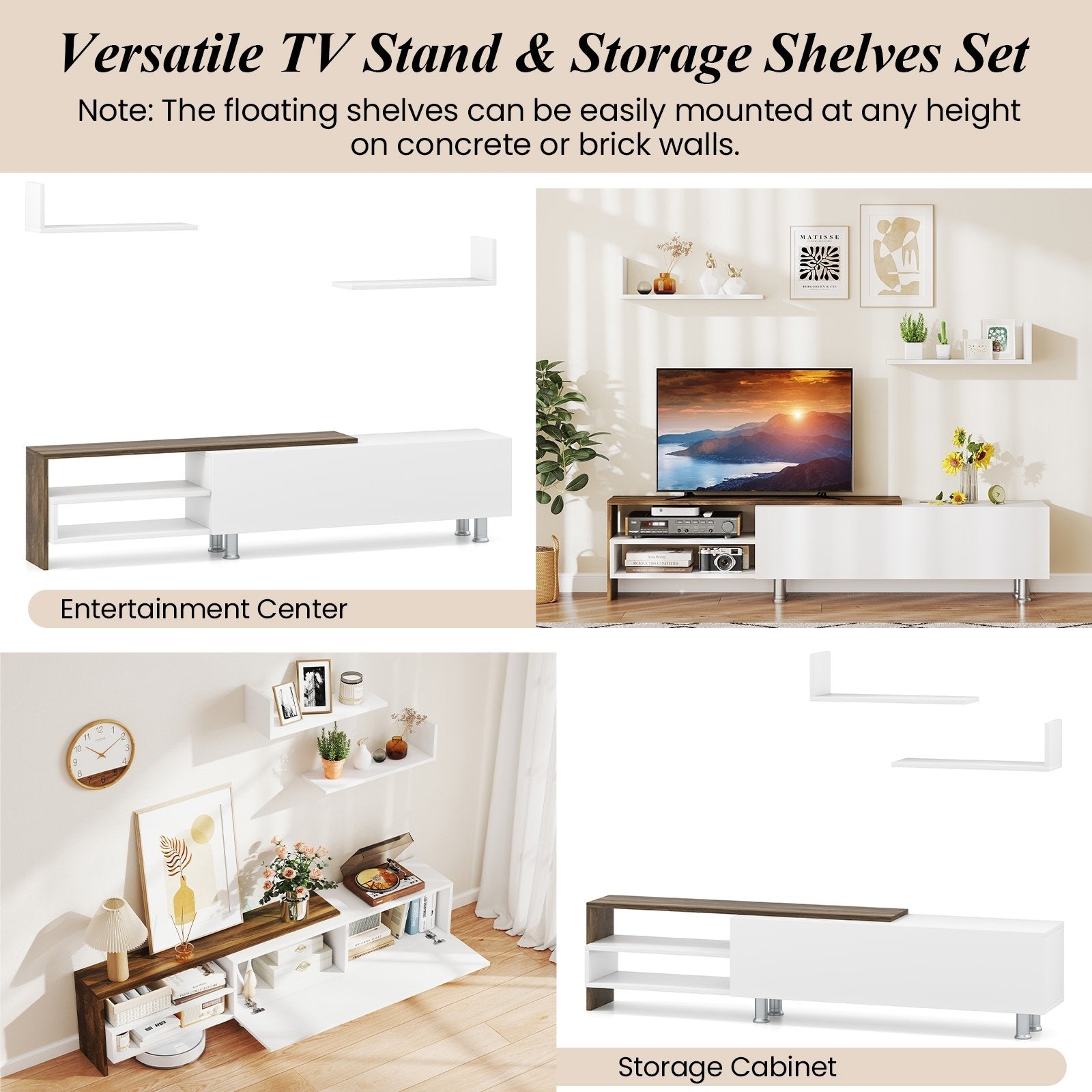 3 Pieces Farmhouse TV Stand for TVs up to 80 Inch with Cabinet and Compartments, White Entertainment Centers & TV Stands at Gallery Canada