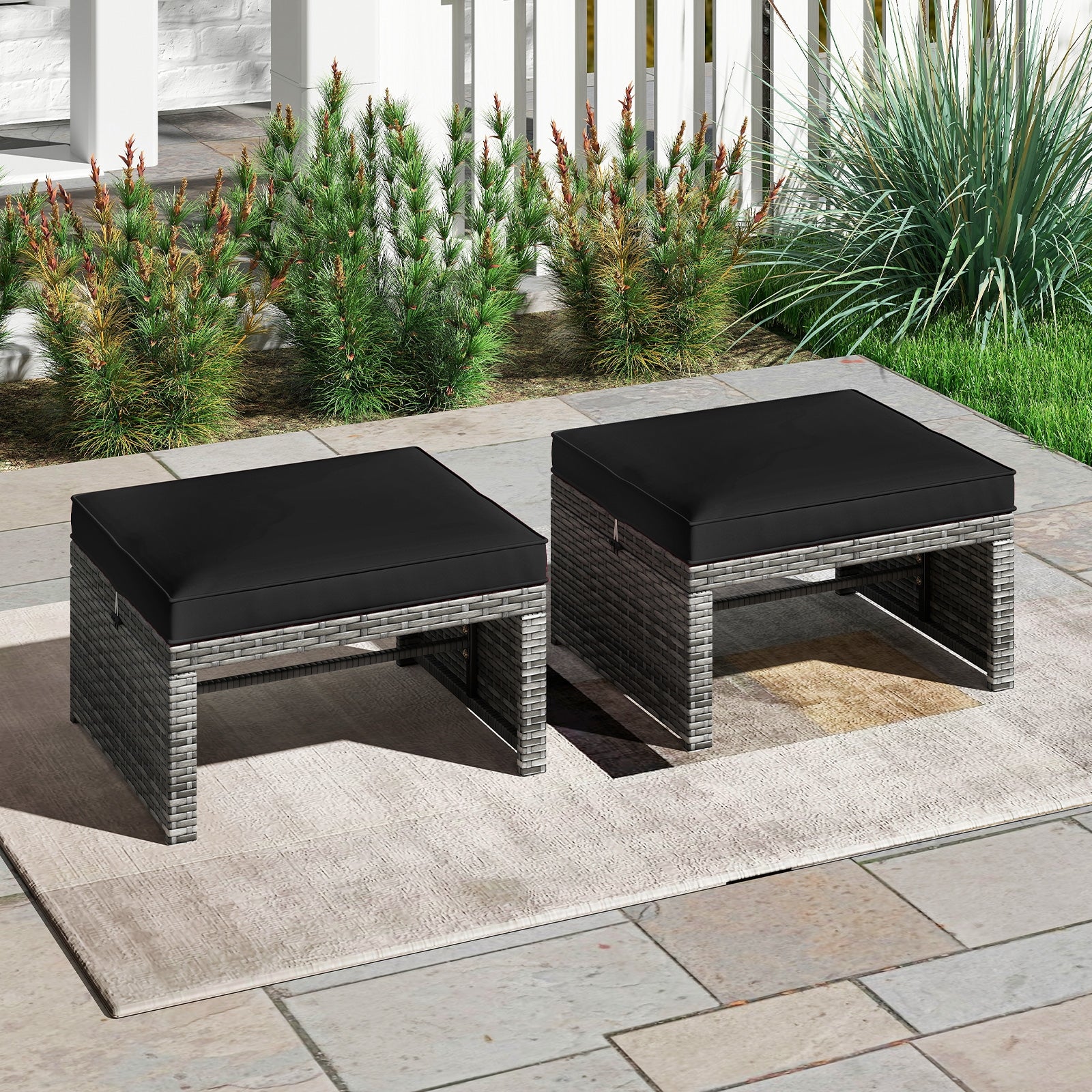 2 Pieces Patio PE Rattan Ottomans with Soft Zippered Cushions for Deck, Black Outdoor Seating & Patio Chairs at Gallery Canada