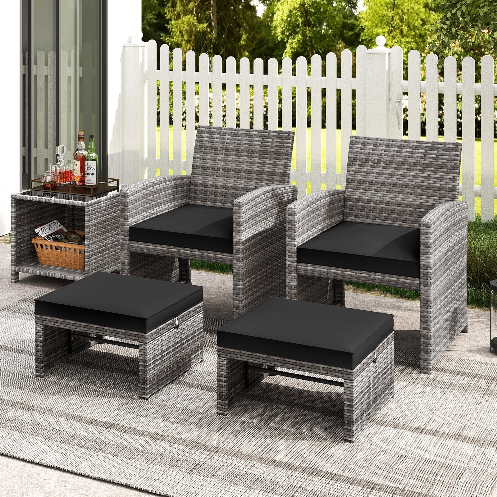 2 Pieces Patio PE Rattan Ottomans with Soft Zippered Cushions for Deck, Black Outdoor Seating & Patio Chairs at Gallery Canada