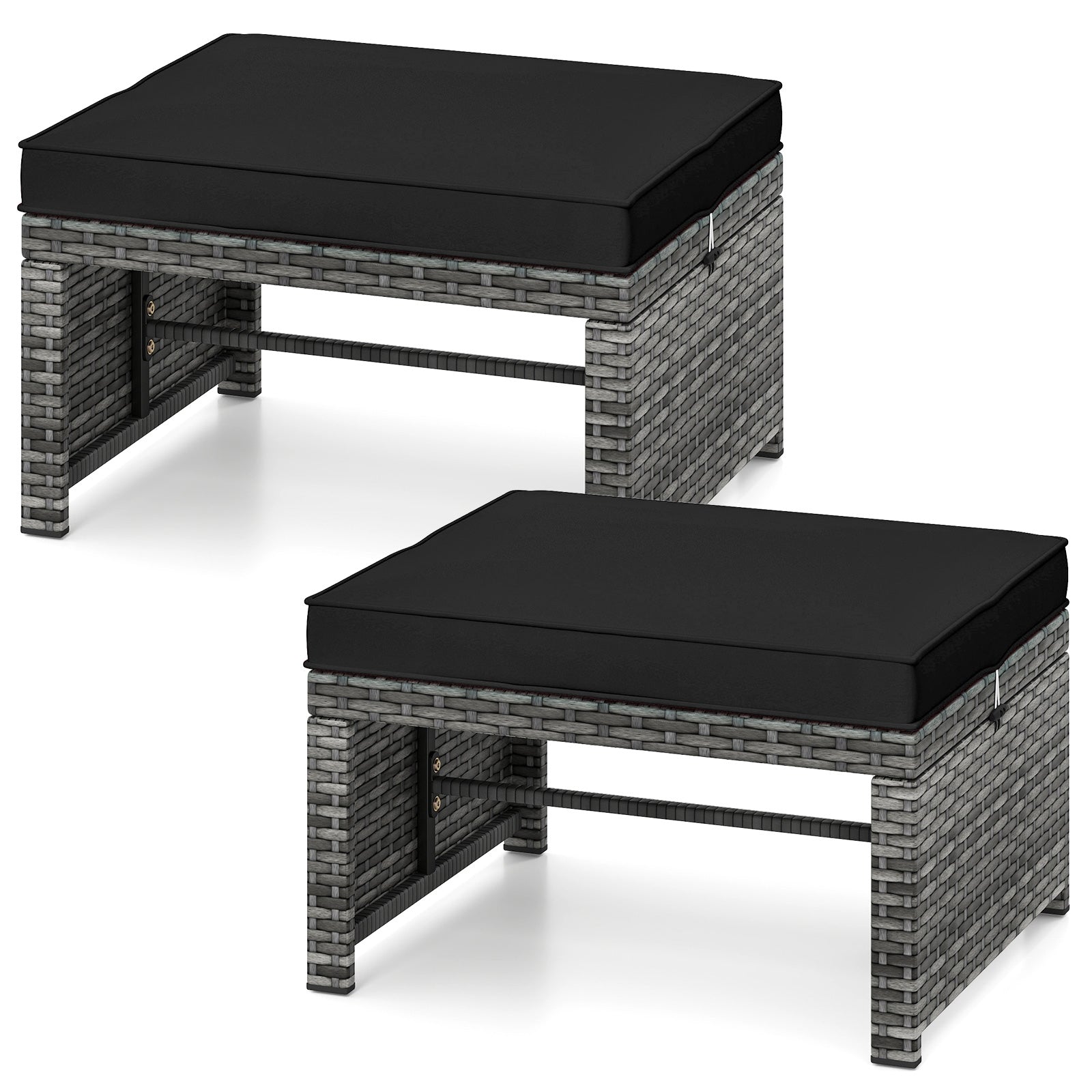 2 Pieces Patio PE Rattan Ottomans with Soft Zippered Cushions for Deck, Black Outdoor Seating & Patio Chairs Black at Gallery Canada