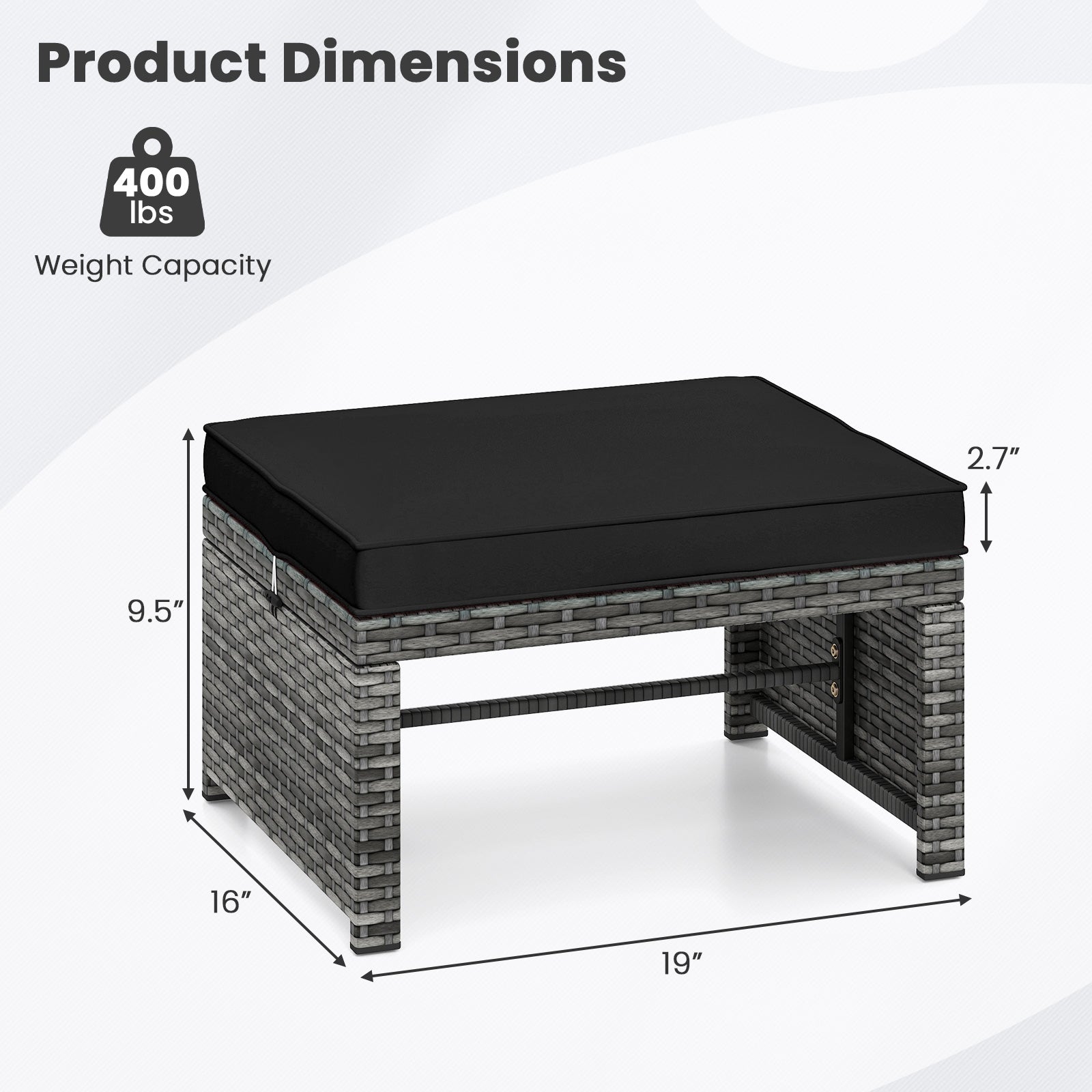 2 Pieces Patio PE Rattan Ottomans with Soft Zippered Cushions for Deck, Black Outdoor Seating & Patio Chairs at Gallery Canada