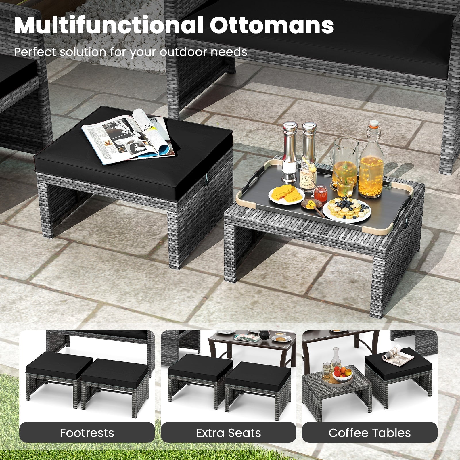 2 Pieces Patio PE Rattan Ottomans with Soft Zippered Cushions for Deck, Black Outdoor Seating & Patio Chairs at Gallery Canada
