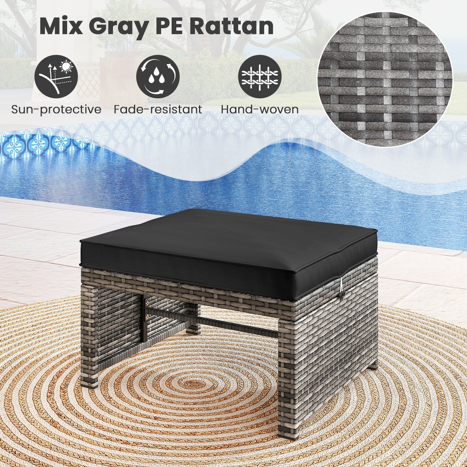 2 Pieces Patio PE Rattan Ottomans with Soft Zippered Cushions for Deck, Black Outdoor Seating & Patio Chairs at Gallery Canada