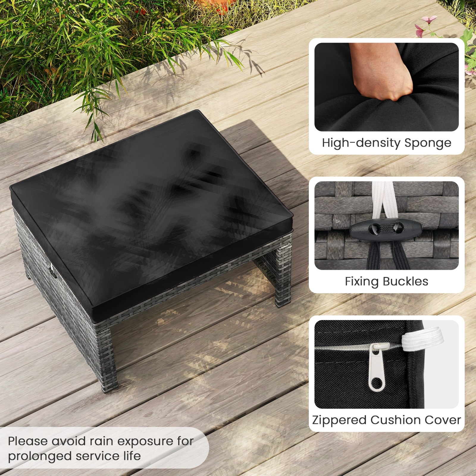 2 Pieces Patio PE Rattan Ottomans with Soft Zippered Cushions for Deck, Black Outdoor Seating & Patio Chairs at Gallery Canada