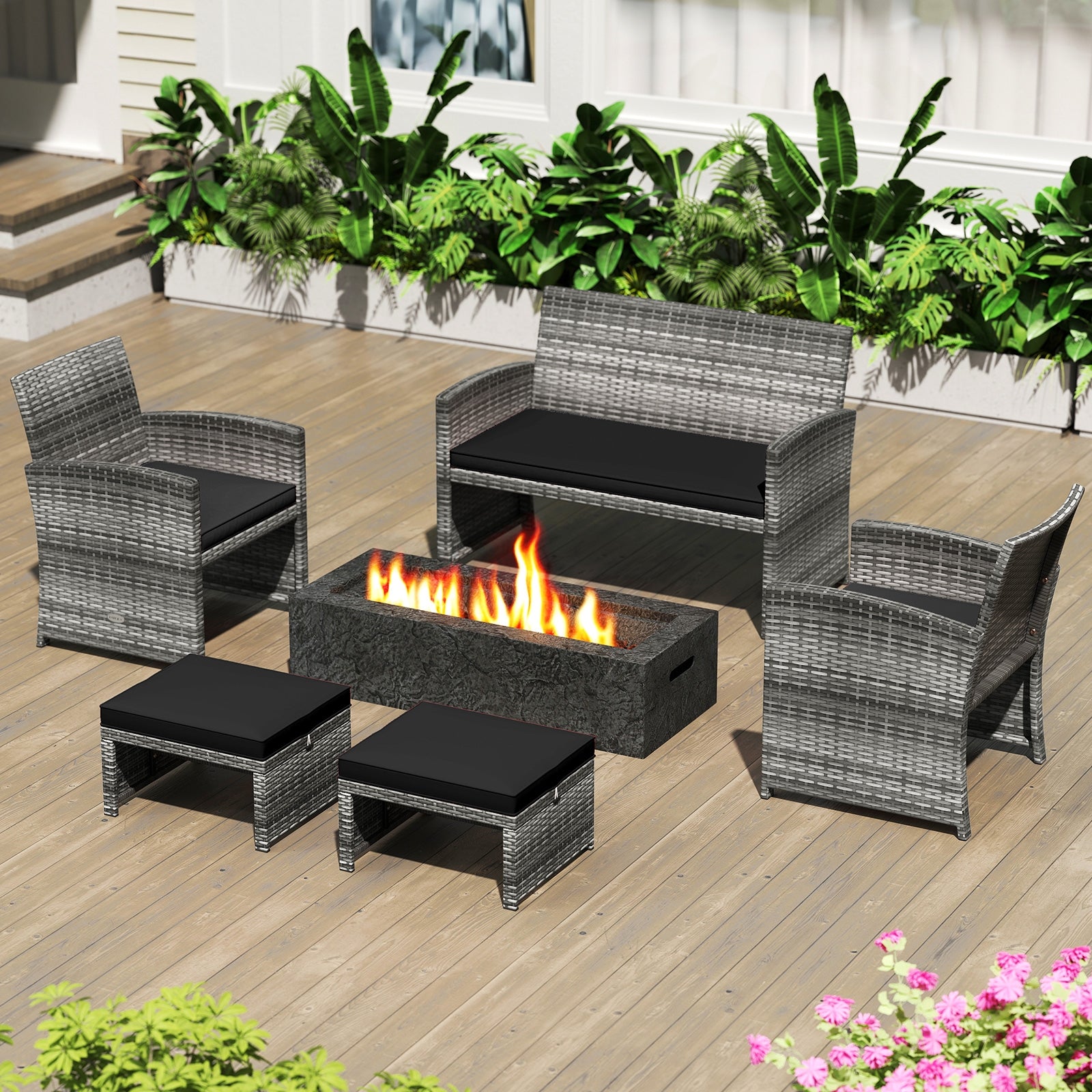 2 Pieces Patio PE Rattan Ottomans with Soft Zippered Cushions for Deck, Black Outdoor Seating & Patio Chairs at Gallery Canada