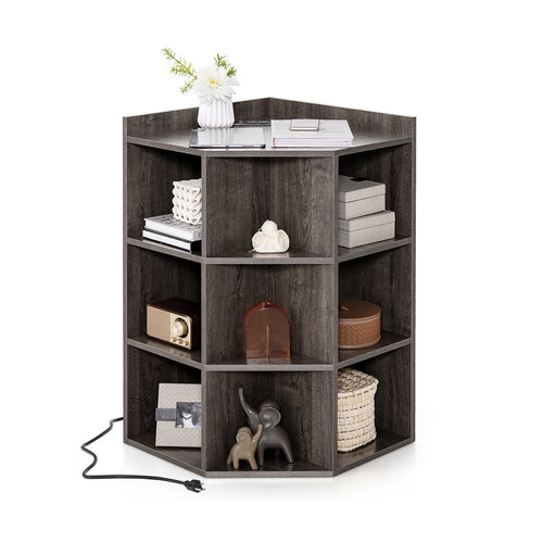 3-Tier Corner Cabinet with Charging Station for Bedroom, Gray