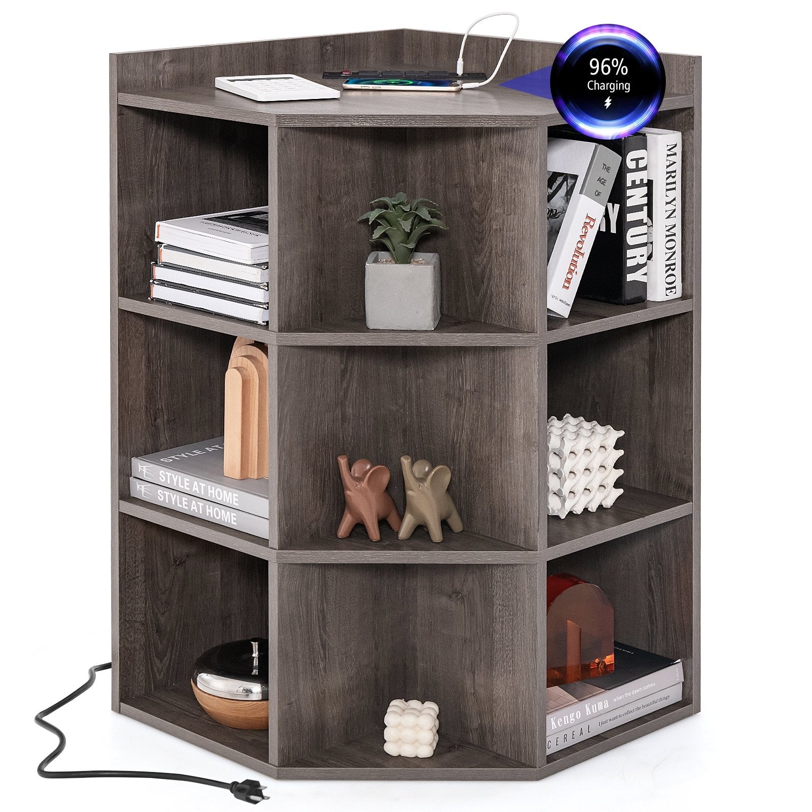 3-Tier Corner Cabinet with Charging Station for Bedroom, Gray Cabinets & Chests   at Gallery Canada