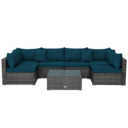 7 Pieces Patio Rattan Furniture Set with Sectional Sofa Cushioned, Green