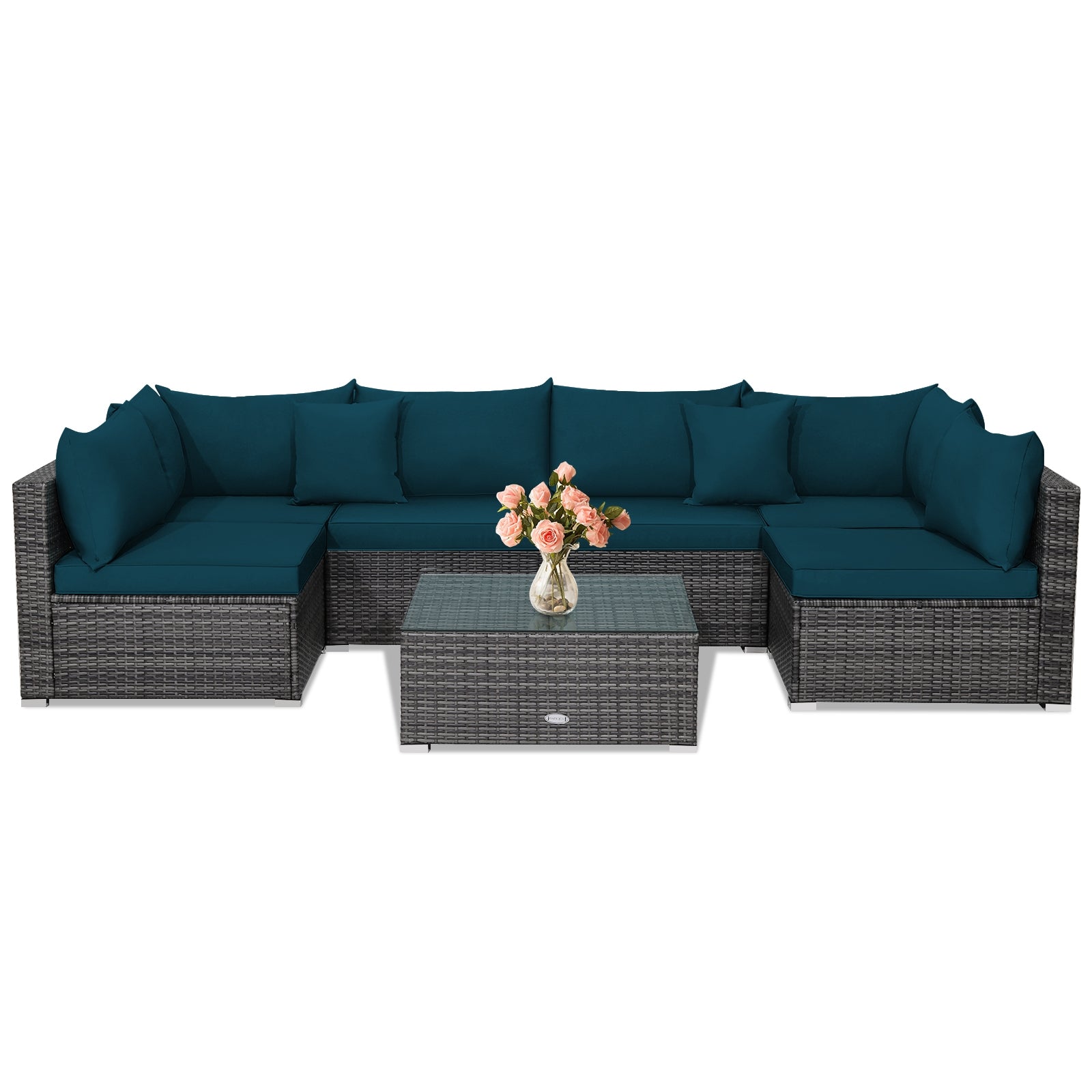 7 Pieces Patio Rattan Furniture Set with Sectional Sofa Cushioned, Green Outdoor Sectionals   at Gallery Canada