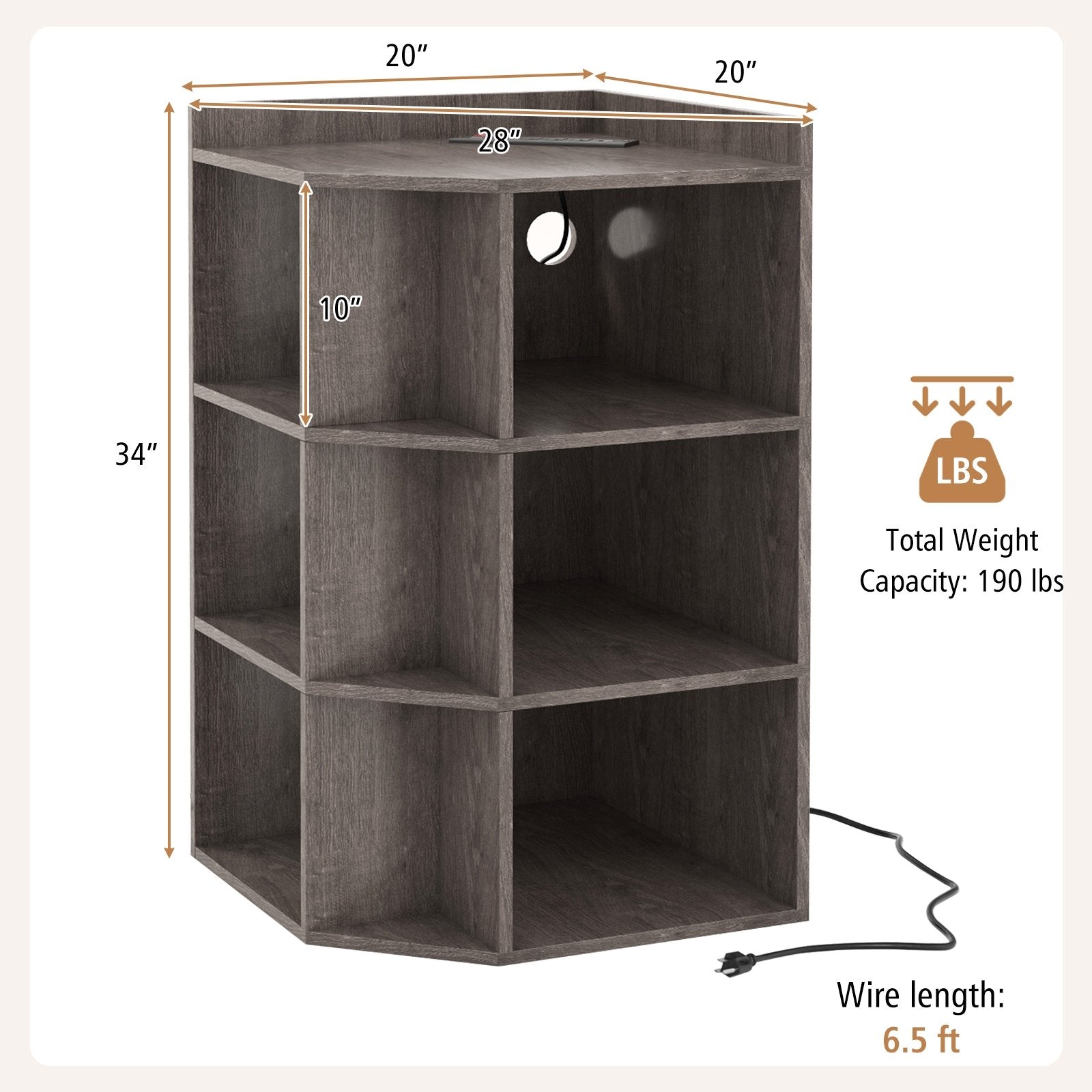 3-Tier Corner Cabinet with Charging Station for Bedroom, Gray Cabinets & Chests   at Gallery Canada