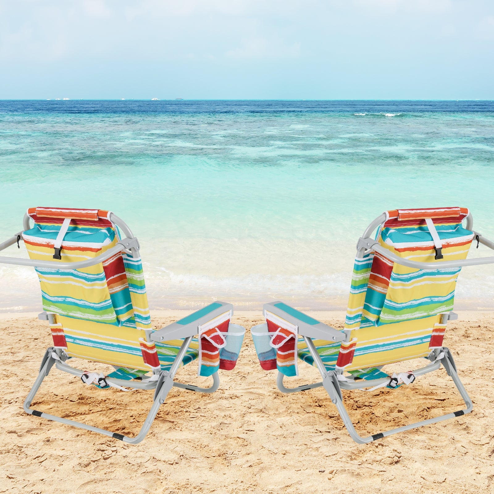 1 Piece Foldable Backpack Beach Chair with Cup Holder and Storage Pockets for Outdoor, Multicolor Beach & Lawn Chairs at Gallery Canada
