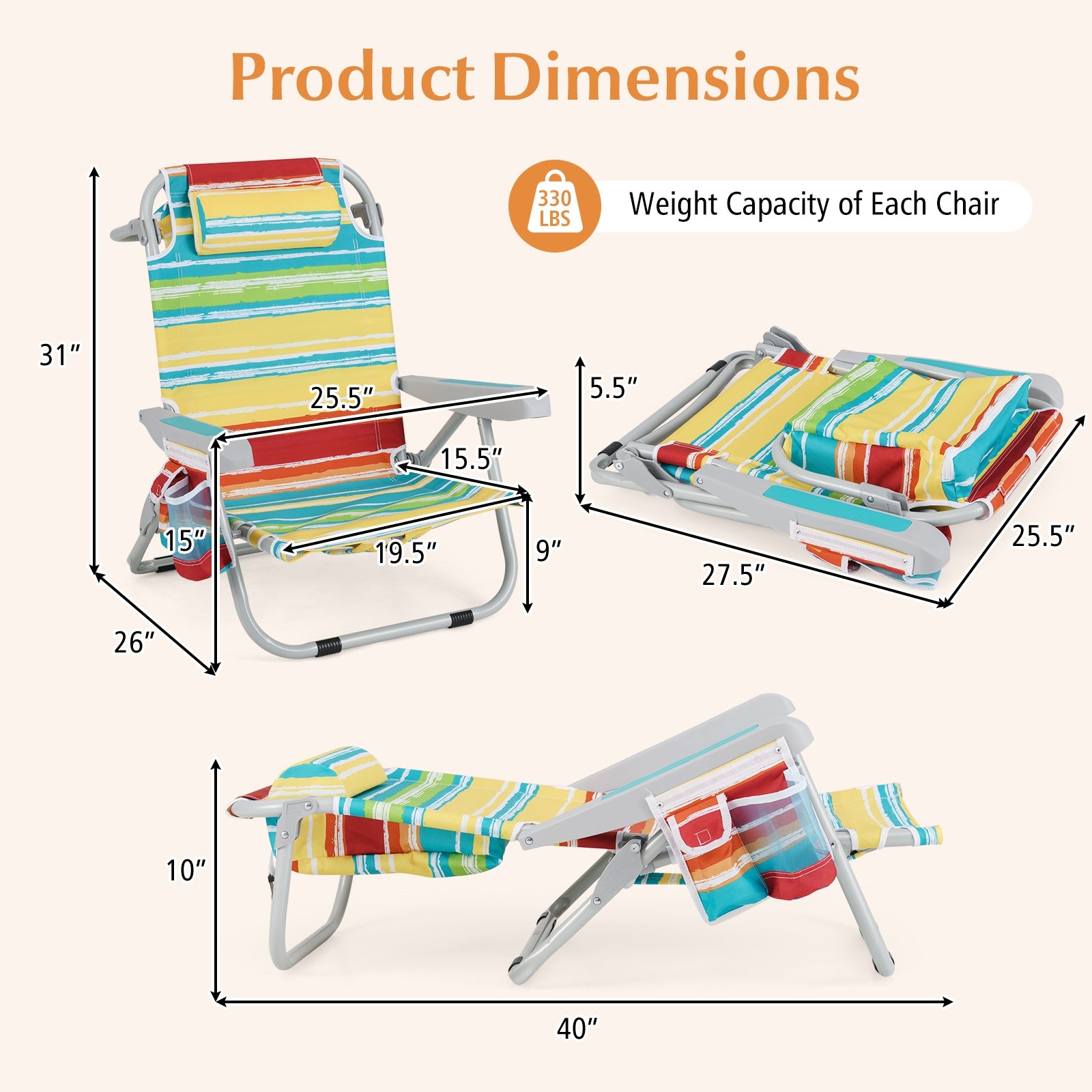 1 Piece Foldable Backpack Beach Chair with Cup Holder and Storage Pockets for Outdoor, Multicolor Beach & Lawn Chairs at Gallery Canada
