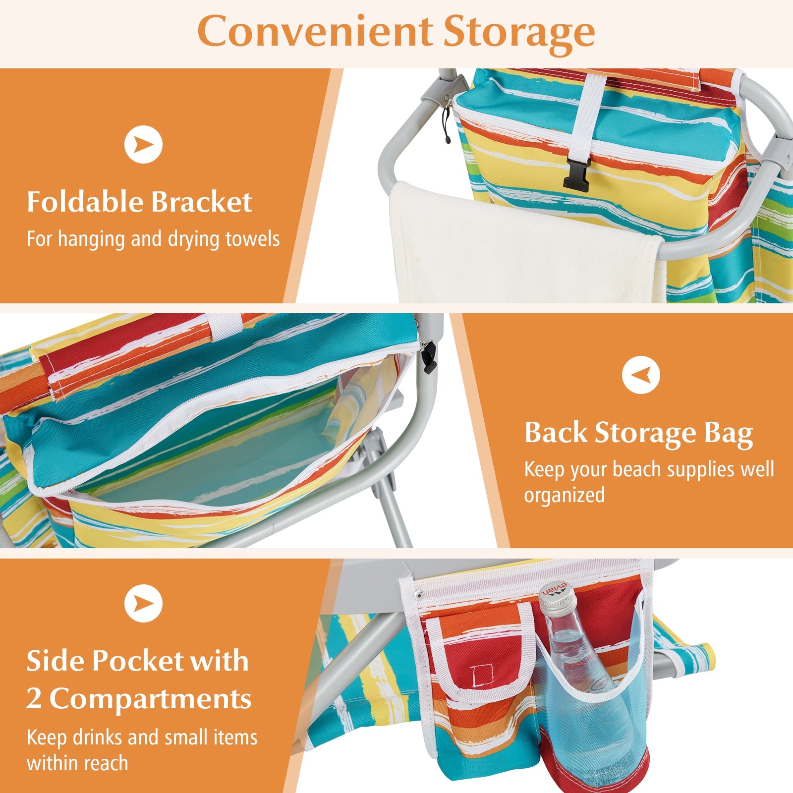 1 Piece Foldable Backpack Beach Chair with Cup Holder and Storage Pockets for Outdoor, Multicolor Beach & Lawn Chairs at Gallery Canada